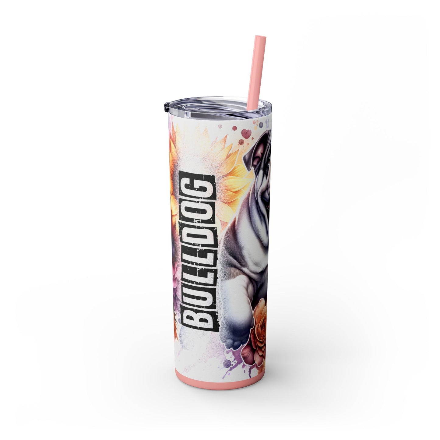 Floral English Bulldog Skinny Tumbler with Straw, 20oz