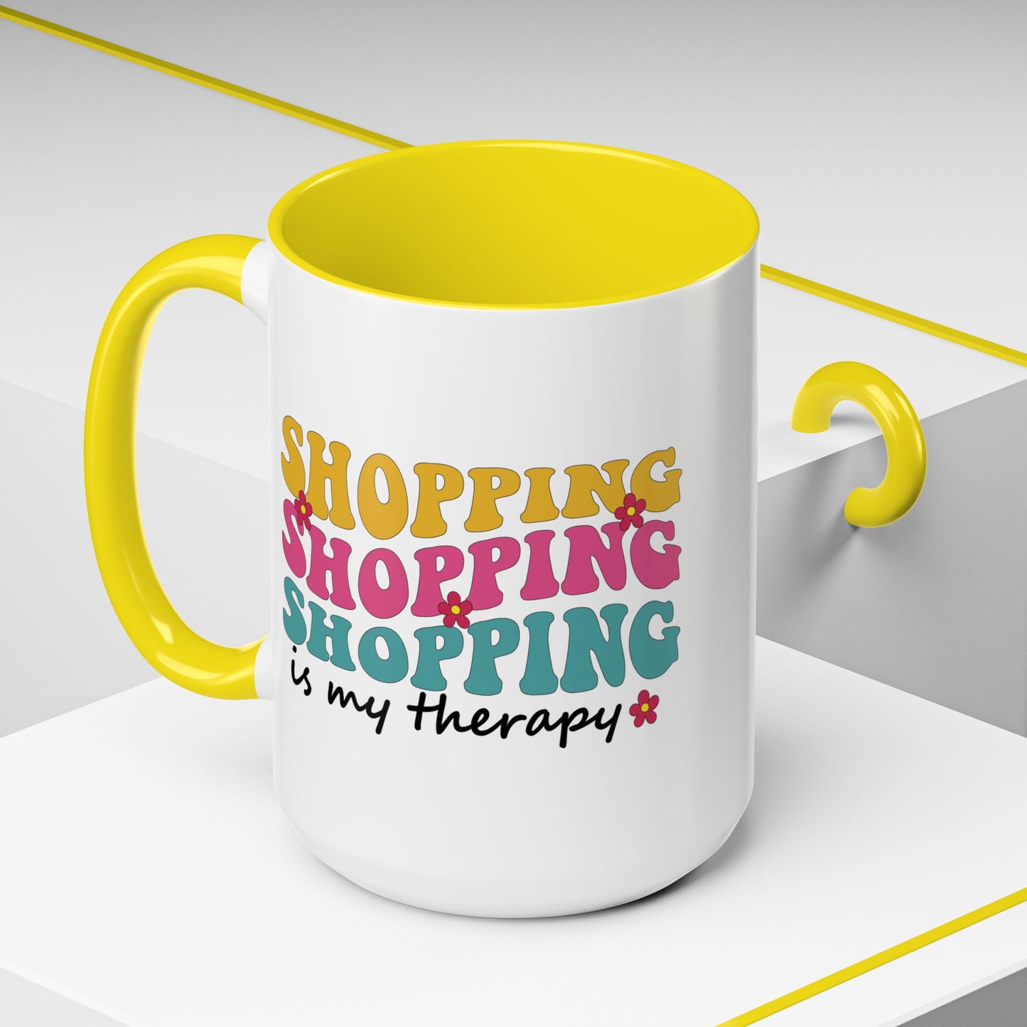 Accent Coffee Mug - "Shopping is my Therapy" - Fun Gift for Self-Care, Motivation, & Celebrations