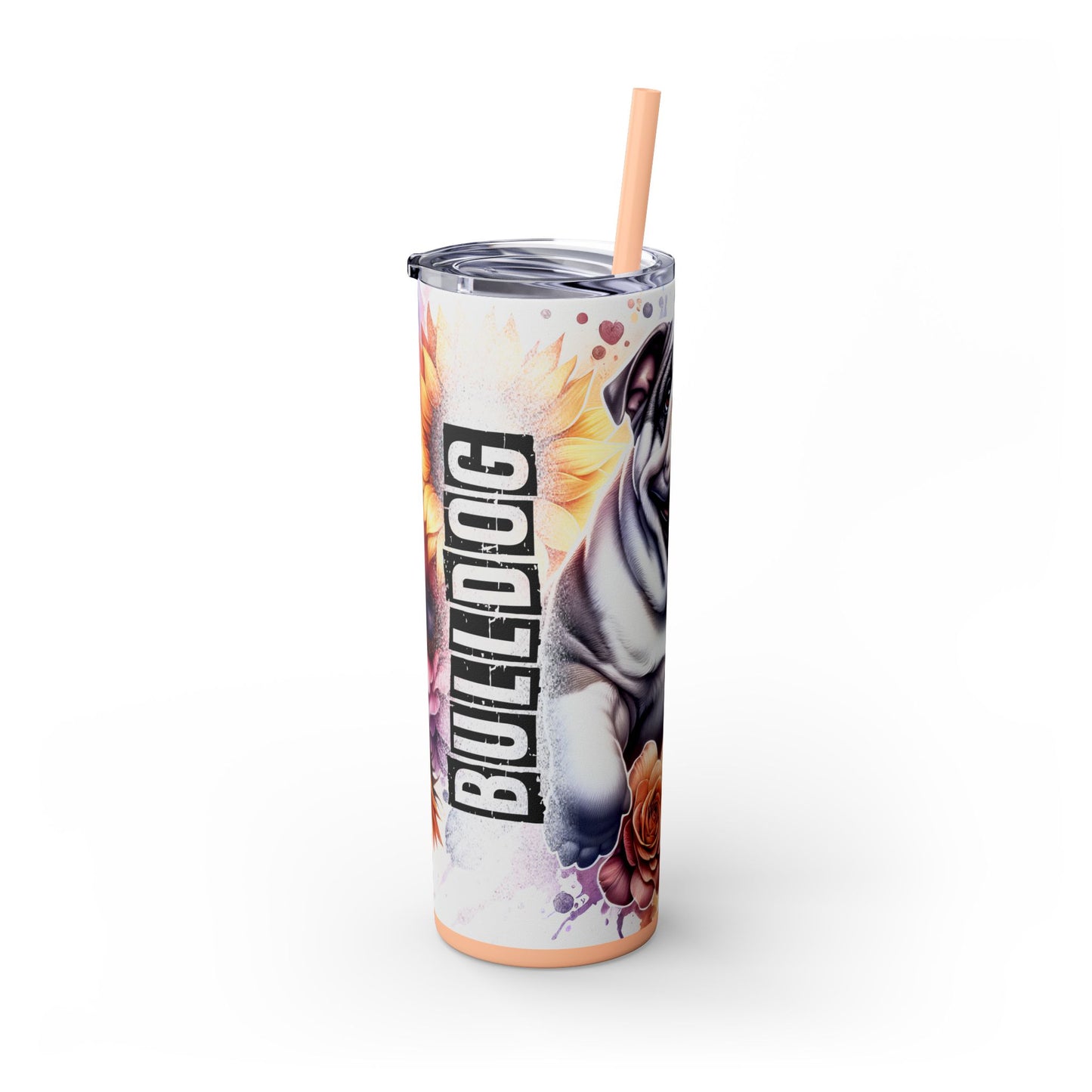 Floral English Bulldog Skinny Tumbler with Straw, 20oz