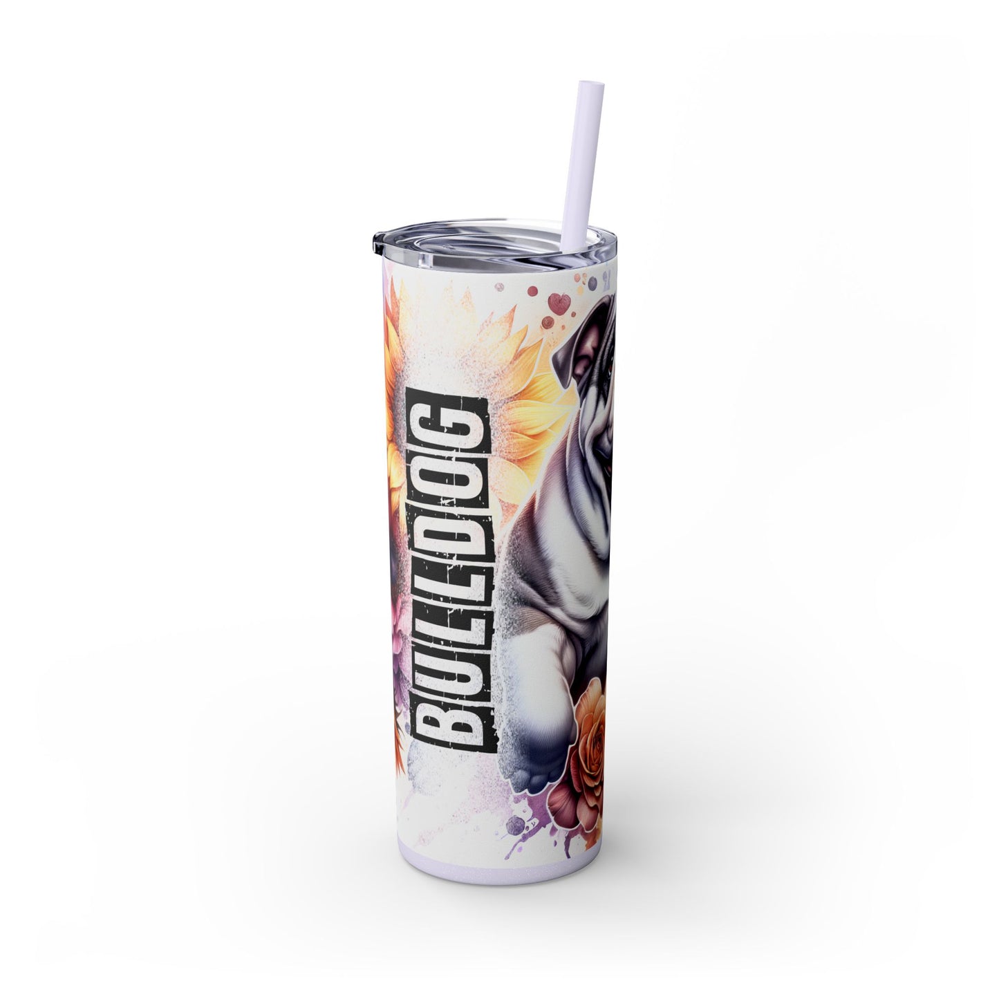Floral English Bulldog Skinny Tumbler with Straw, 20oz