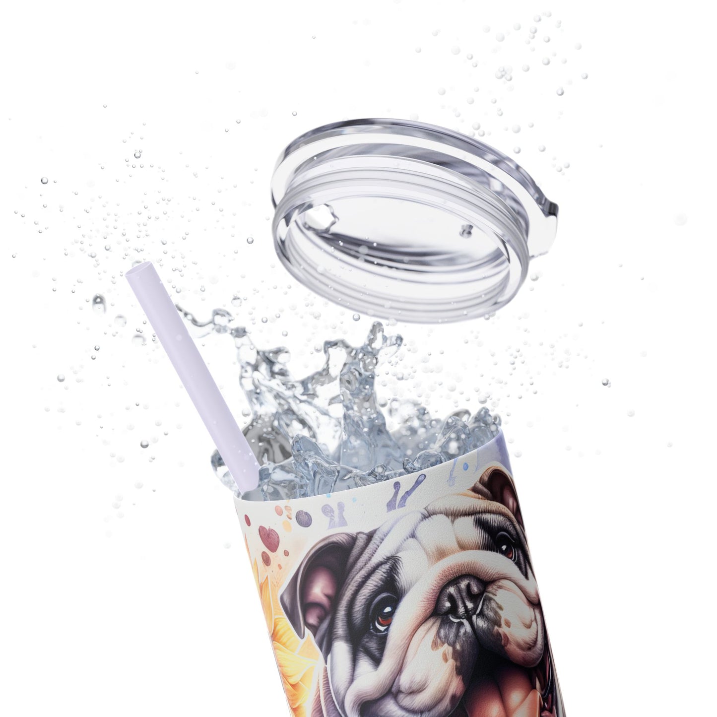 Floral English Bulldog Skinny Tumbler with Straw, 20oz