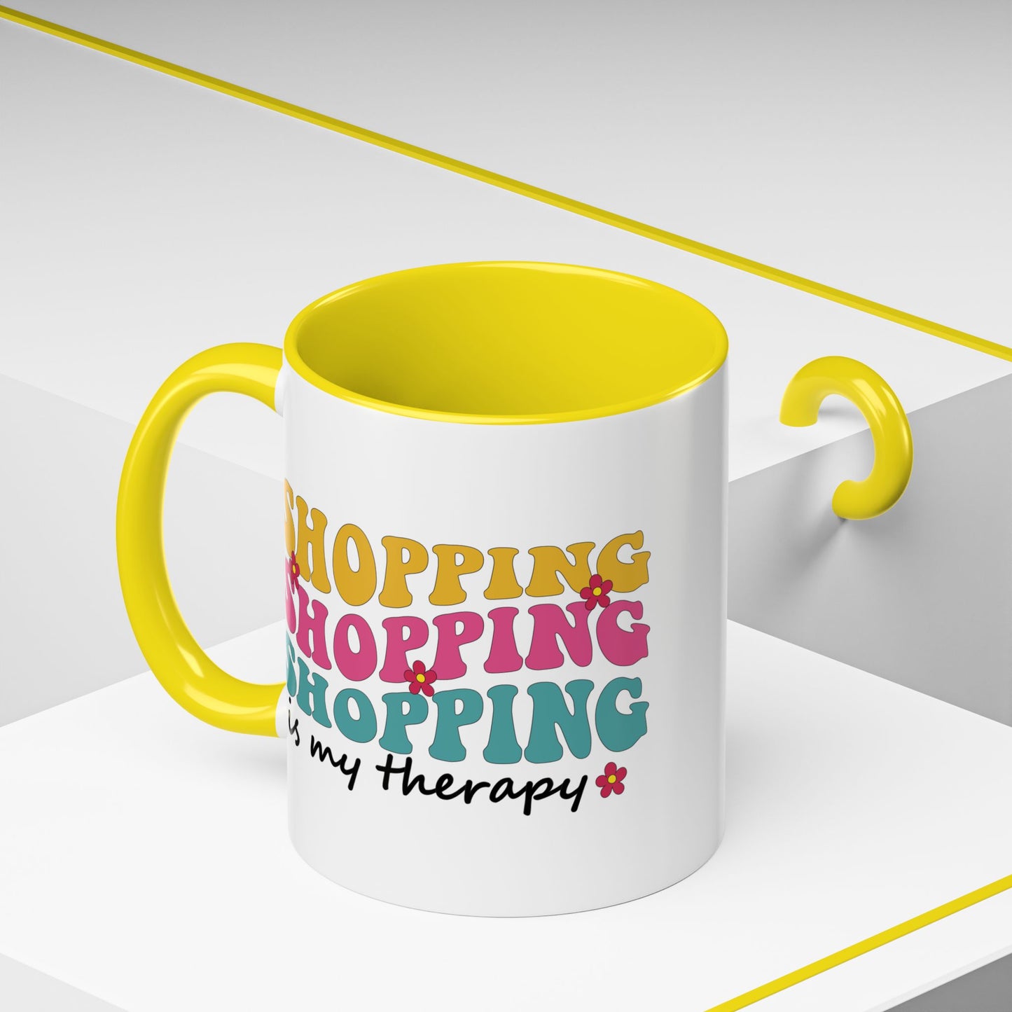 Accent Coffee Mug - "Shopping is my Therapy" - Fun Gift for Self-Care, Motivation, & Celebrations