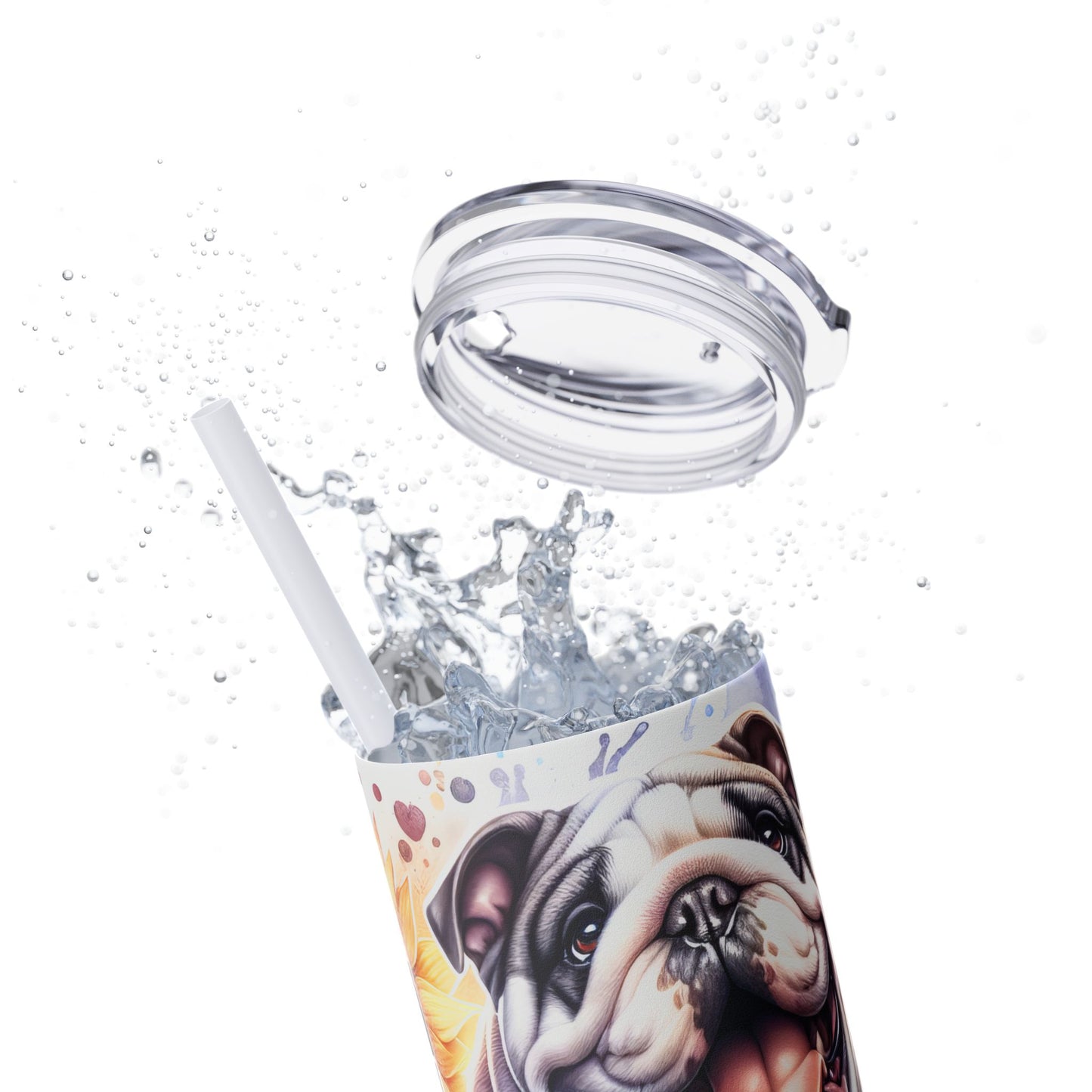 Floral English Bulldog Skinny Tumbler with Straw, 20oz
