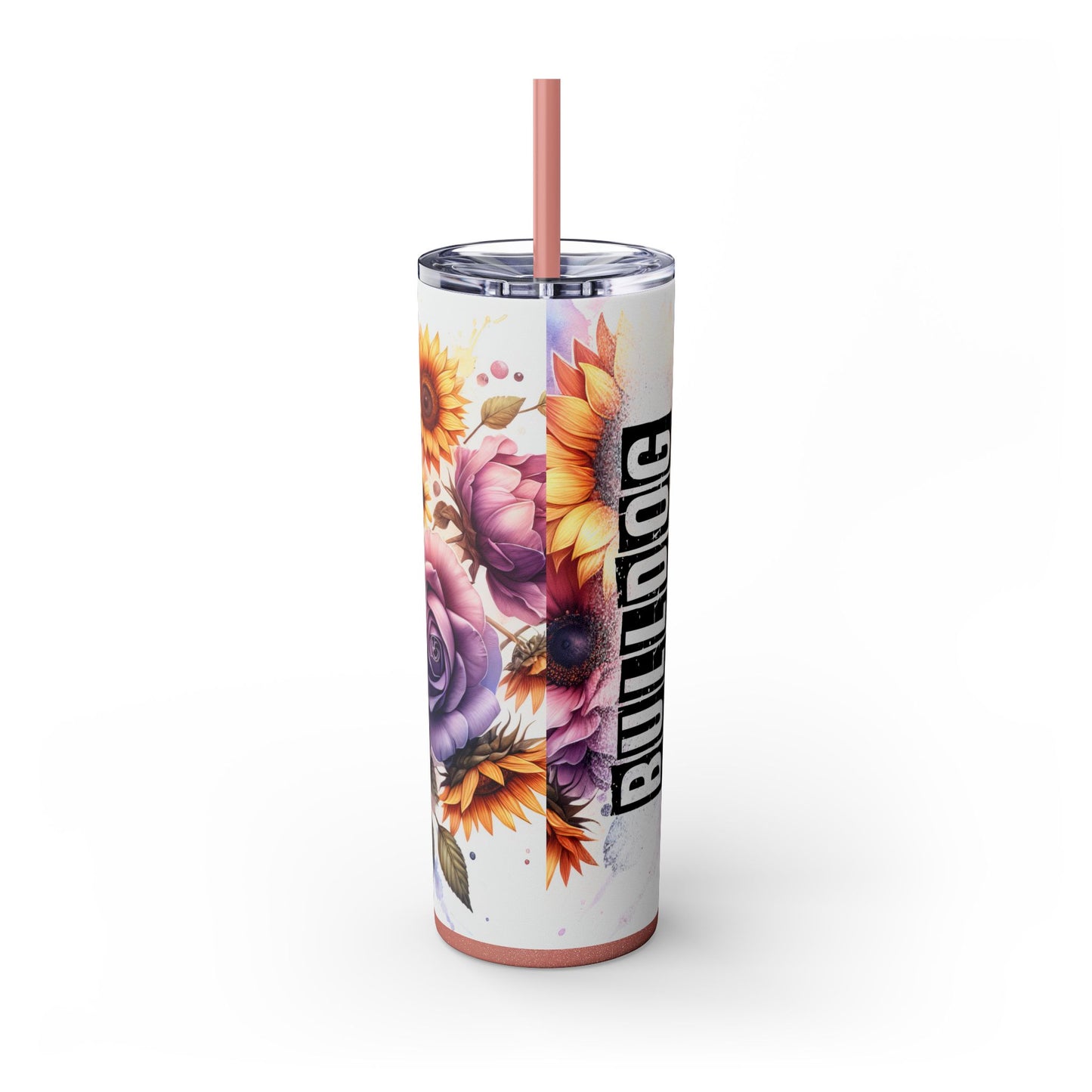 Floral English Bulldog Skinny Tumbler with Straw, 20oz