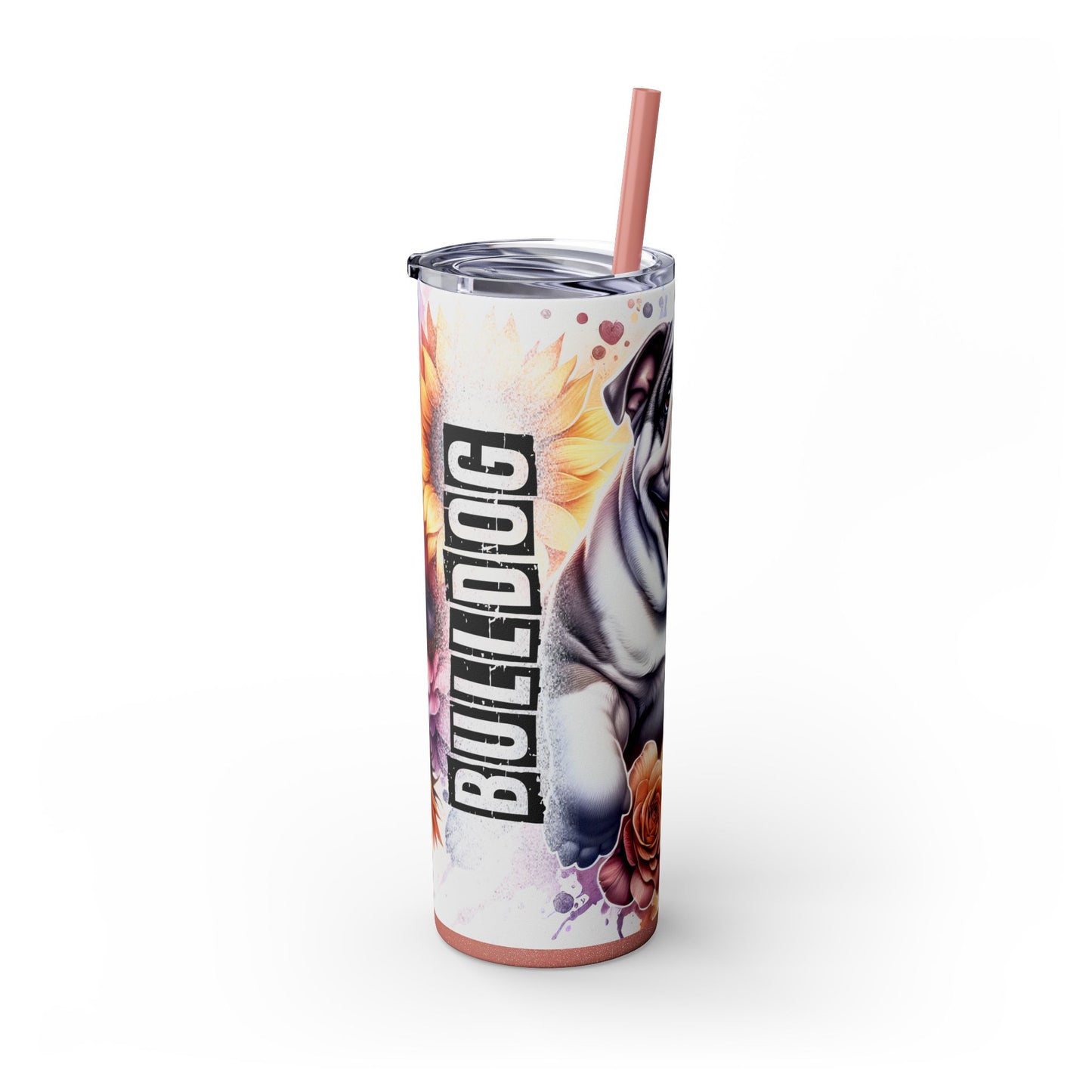Floral English Bulldog Skinny Tumbler with Straw, 20oz
