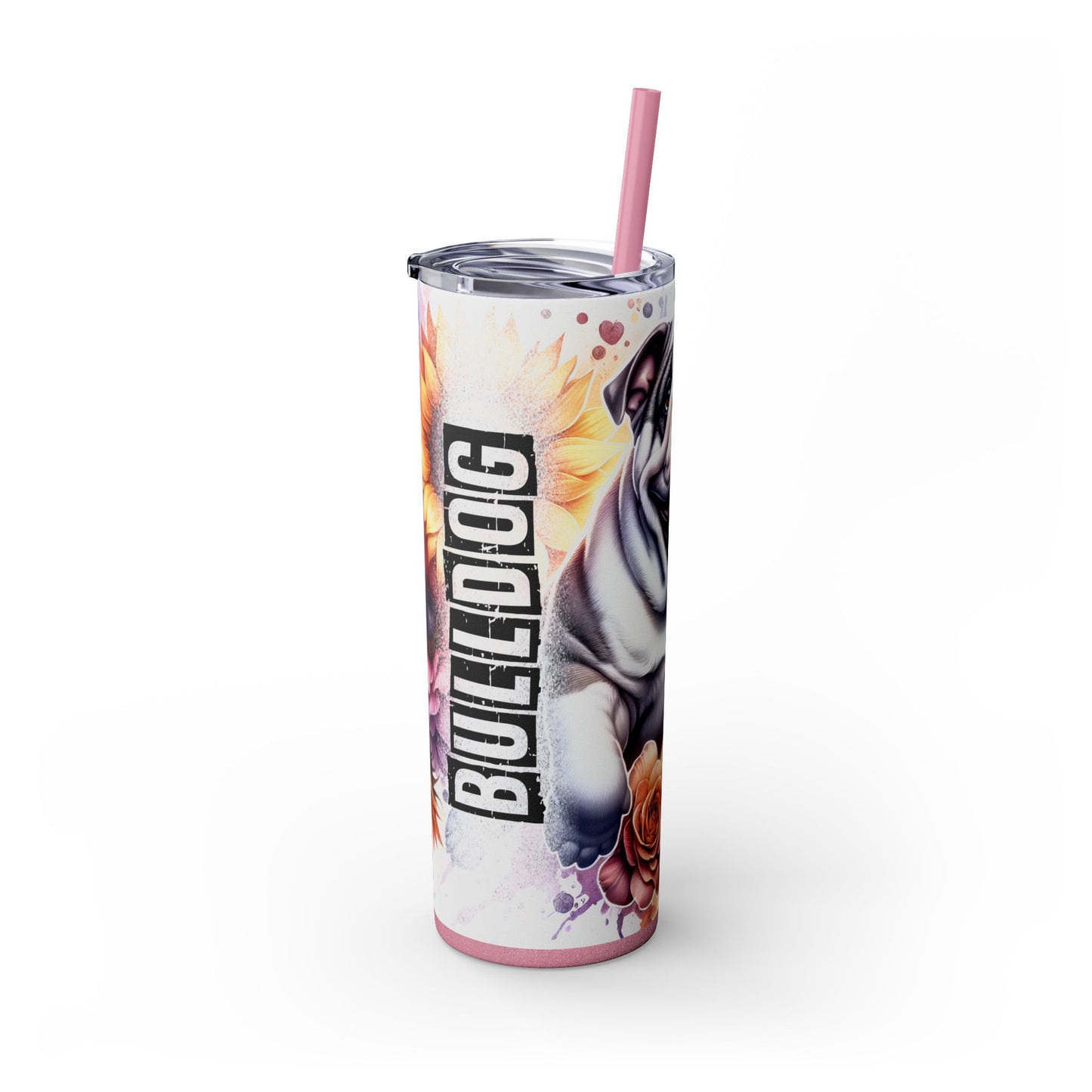 Floral English Bulldog Skinny Tumbler with Straw, 20oz