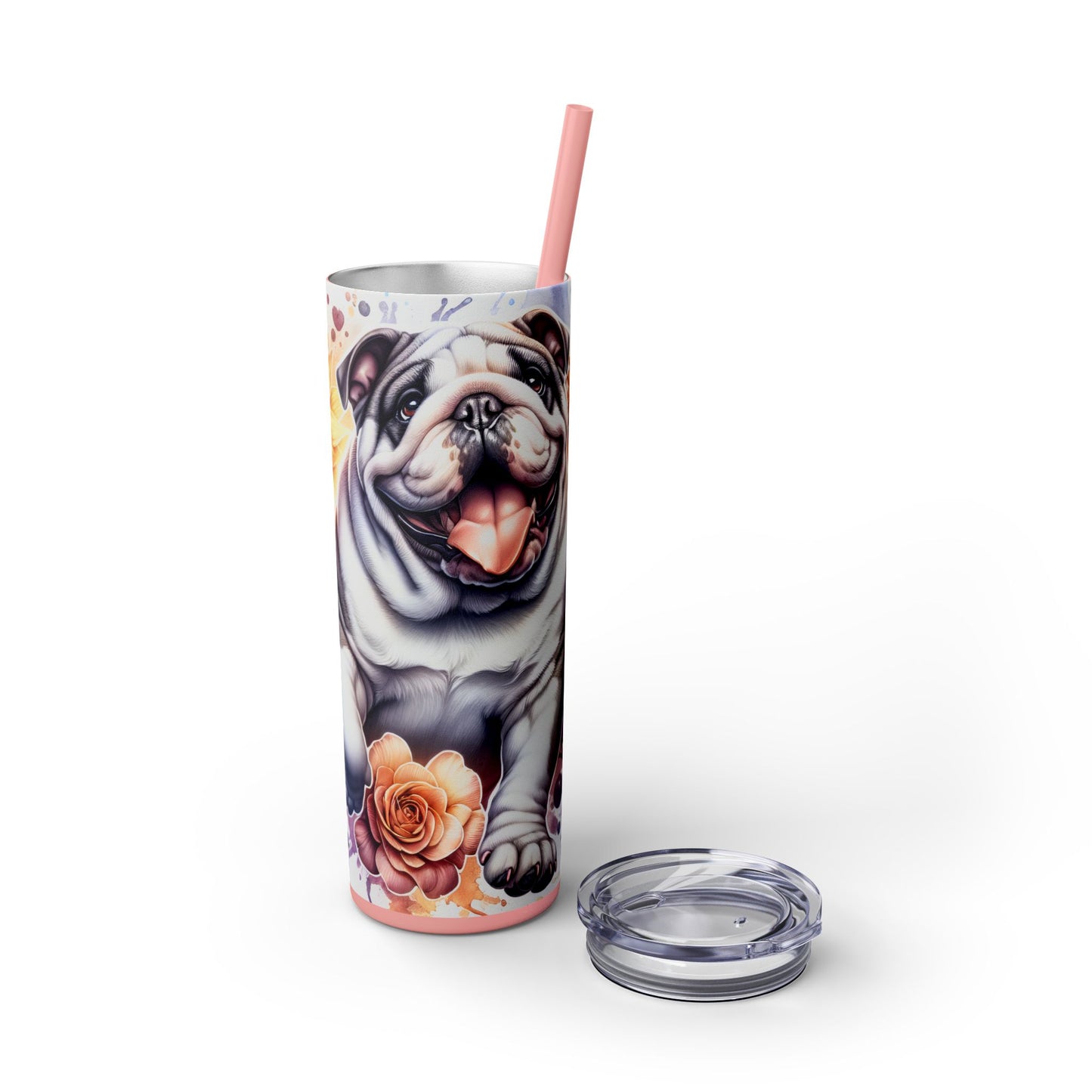 Floral English Bulldog Skinny Tumbler with Straw, 20oz