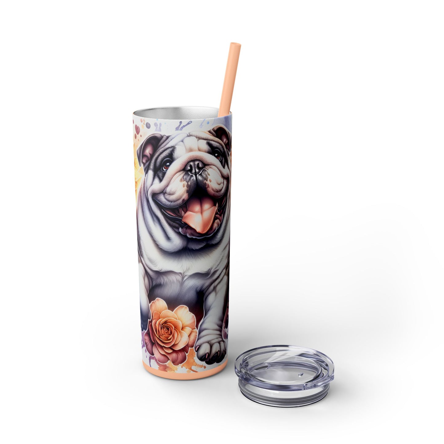 Floral English Bulldog Skinny Tumbler with Straw, 20oz