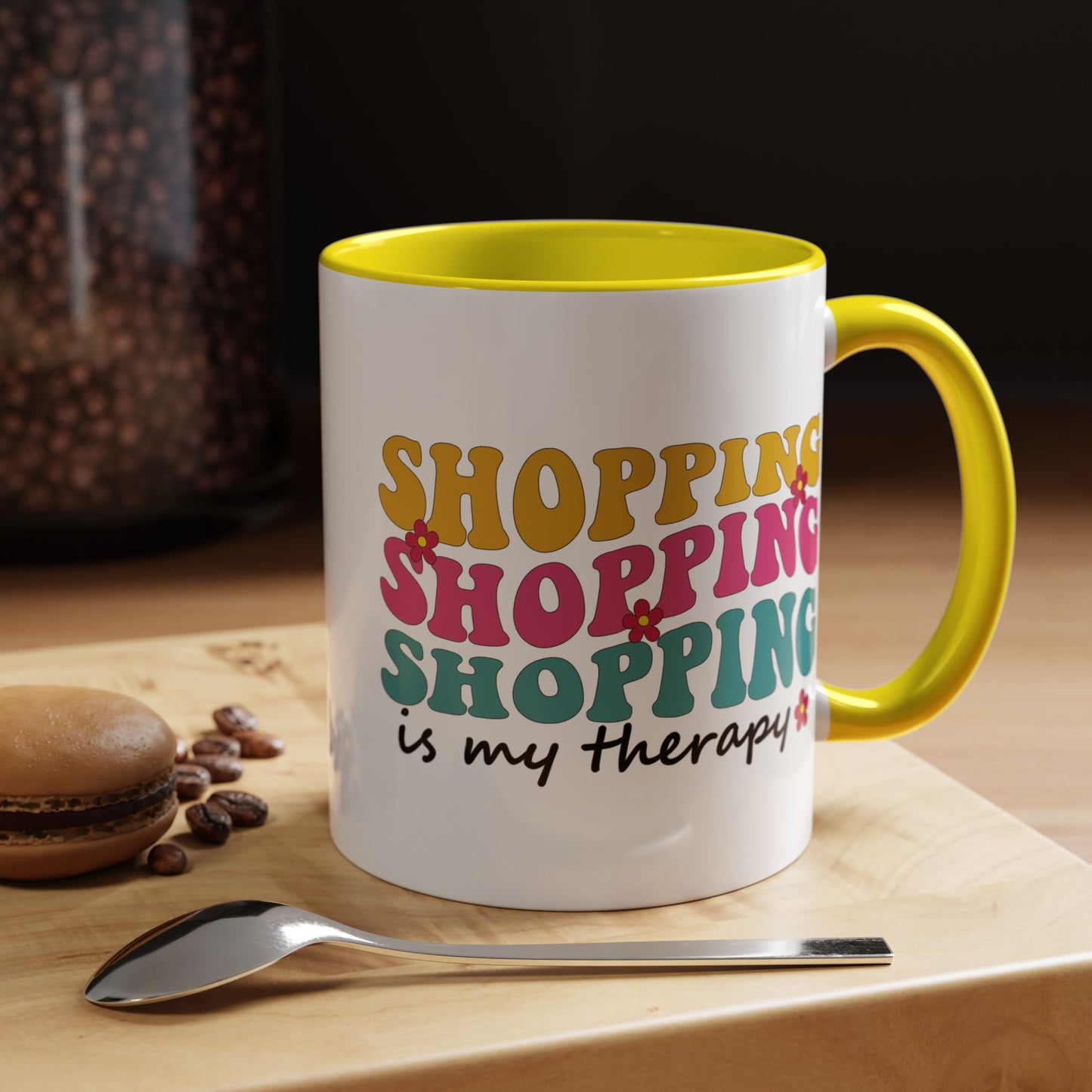 Accent Coffee Mug - "Shopping is my Therapy" - Fun Gift for Self-Care, Motivation, & Celebrations