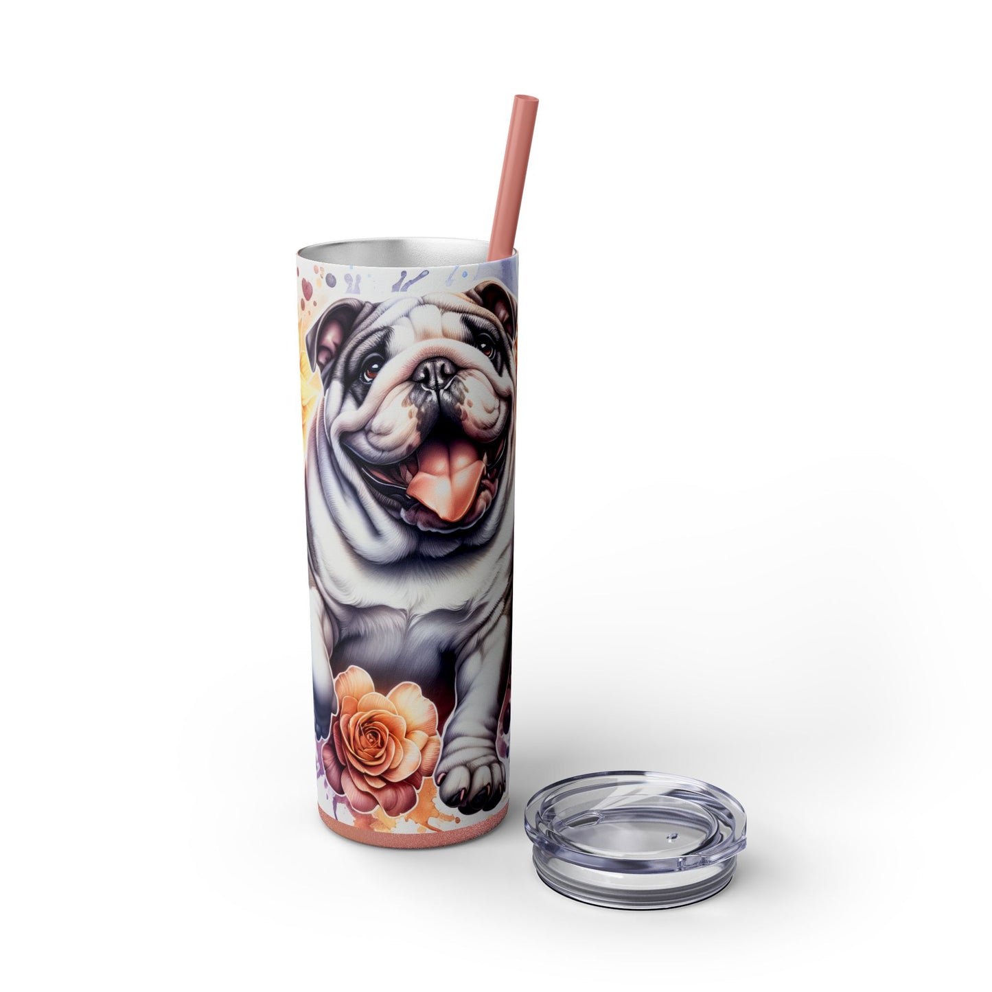 Floral English Bulldog Skinny Tumbler with Straw, 20oz