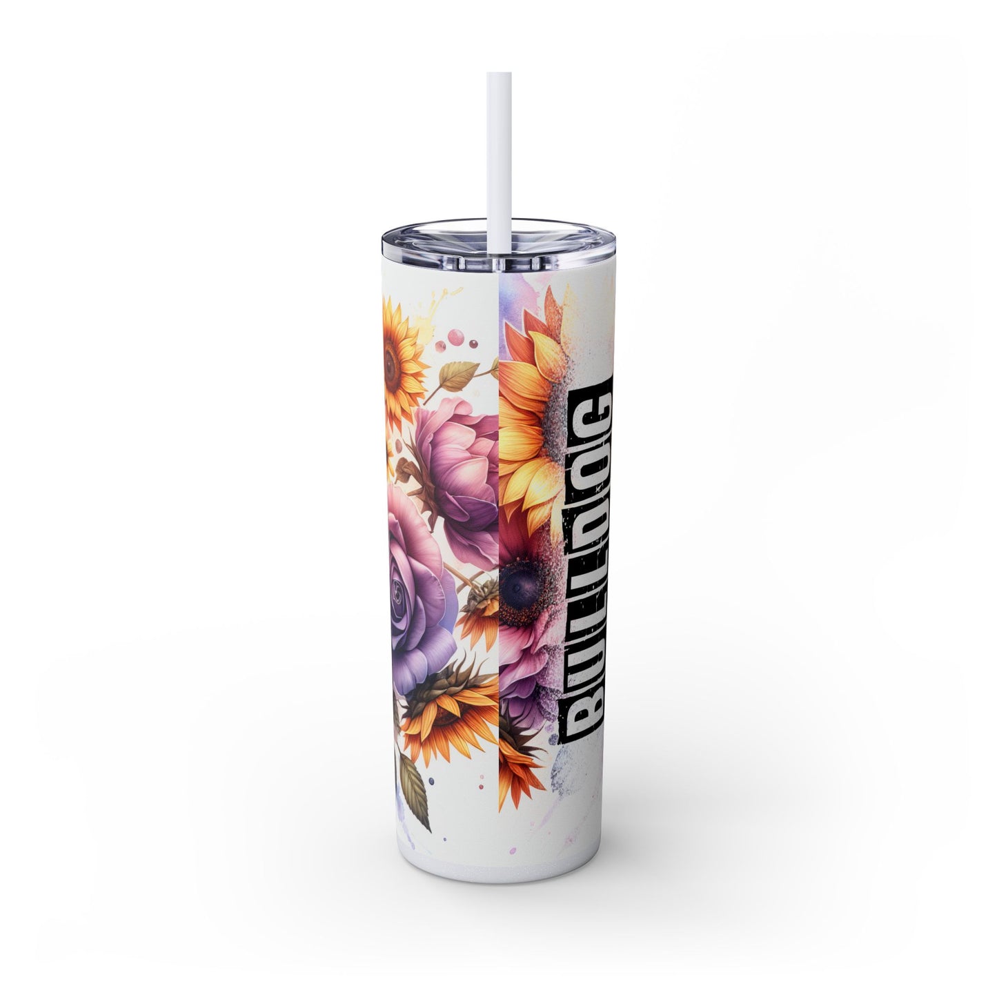 Floral English Bulldog Skinny Tumbler with Straw, 20oz