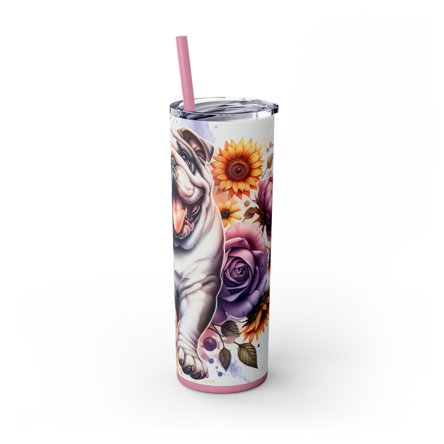 Floral English Bulldog Skinny Tumbler with Straw, 20oz
