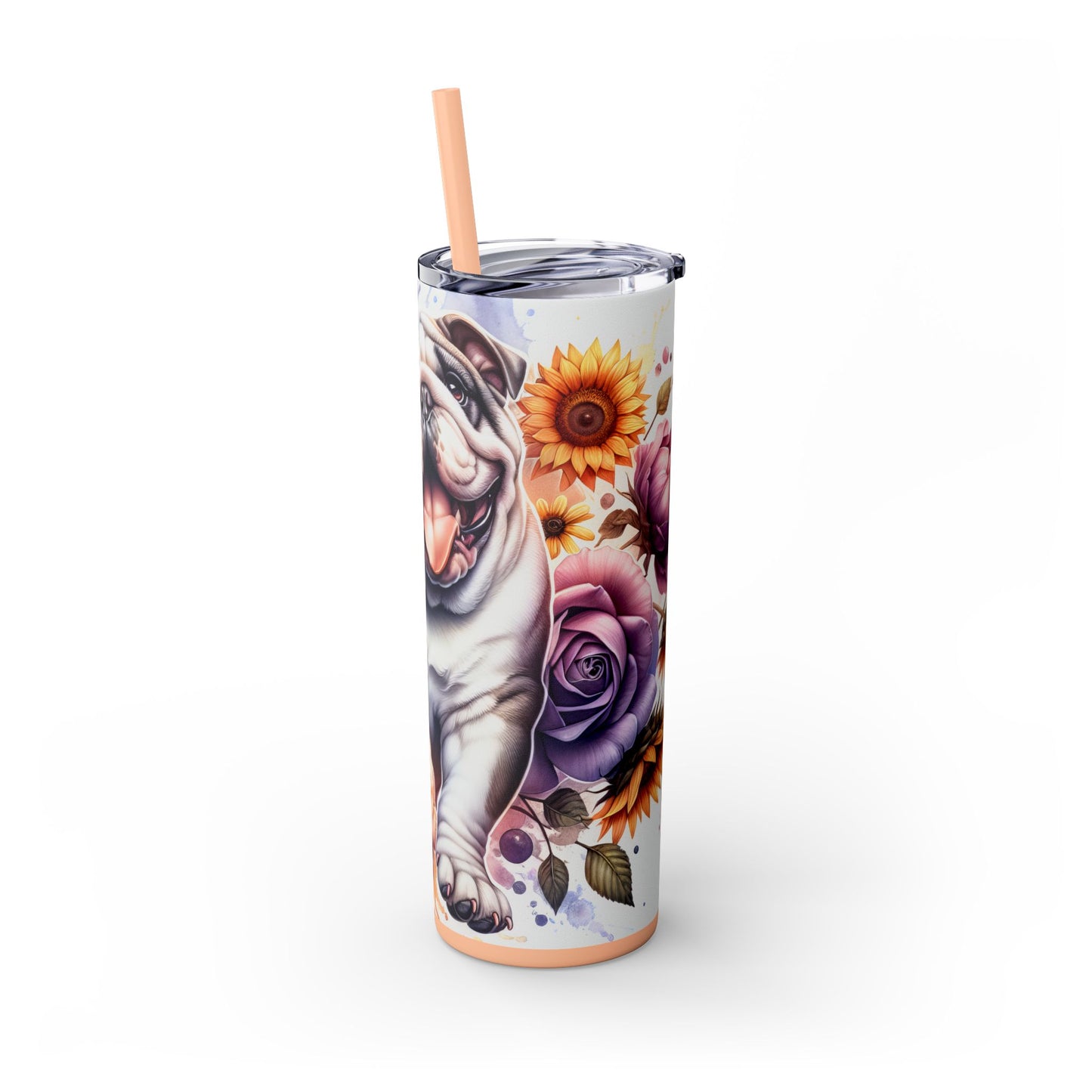 Floral English Bulldog Skinny Tumbler with Straw, 20oz