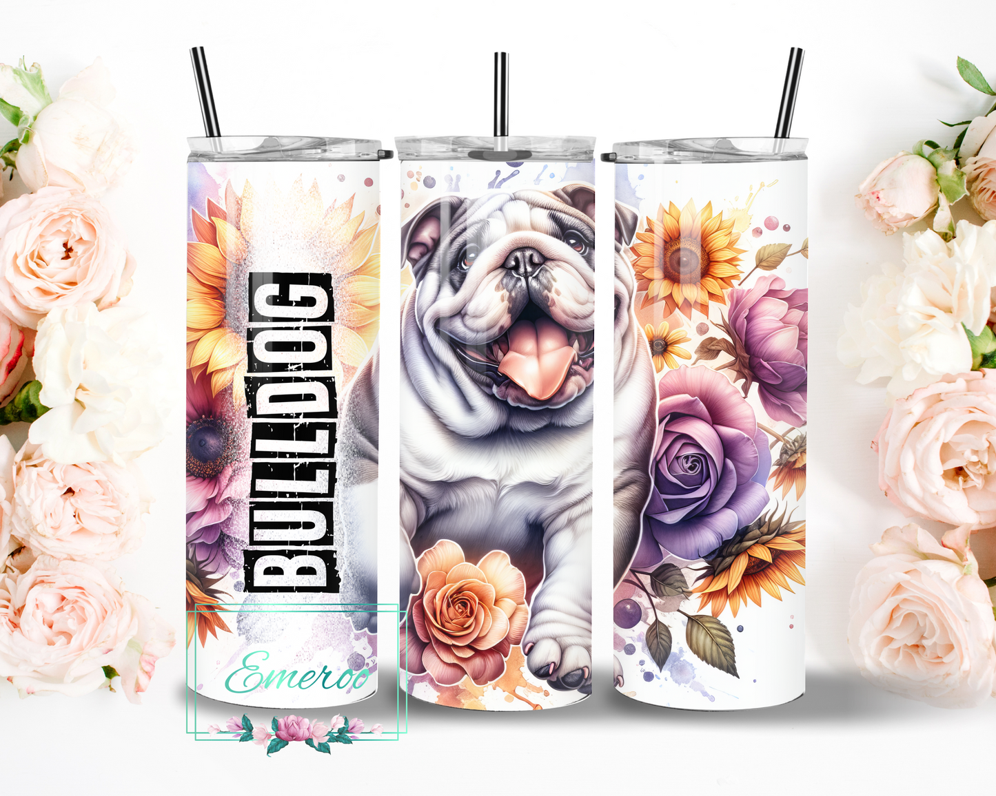 Floral English Bulldog Skinny Tumbler with Straw, 20oz