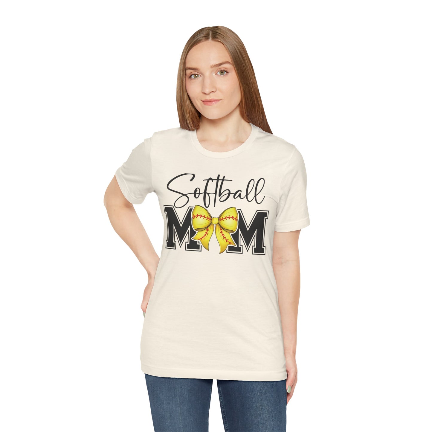 Cursive Softball Mom Coquette Bow T Shirt (Light)