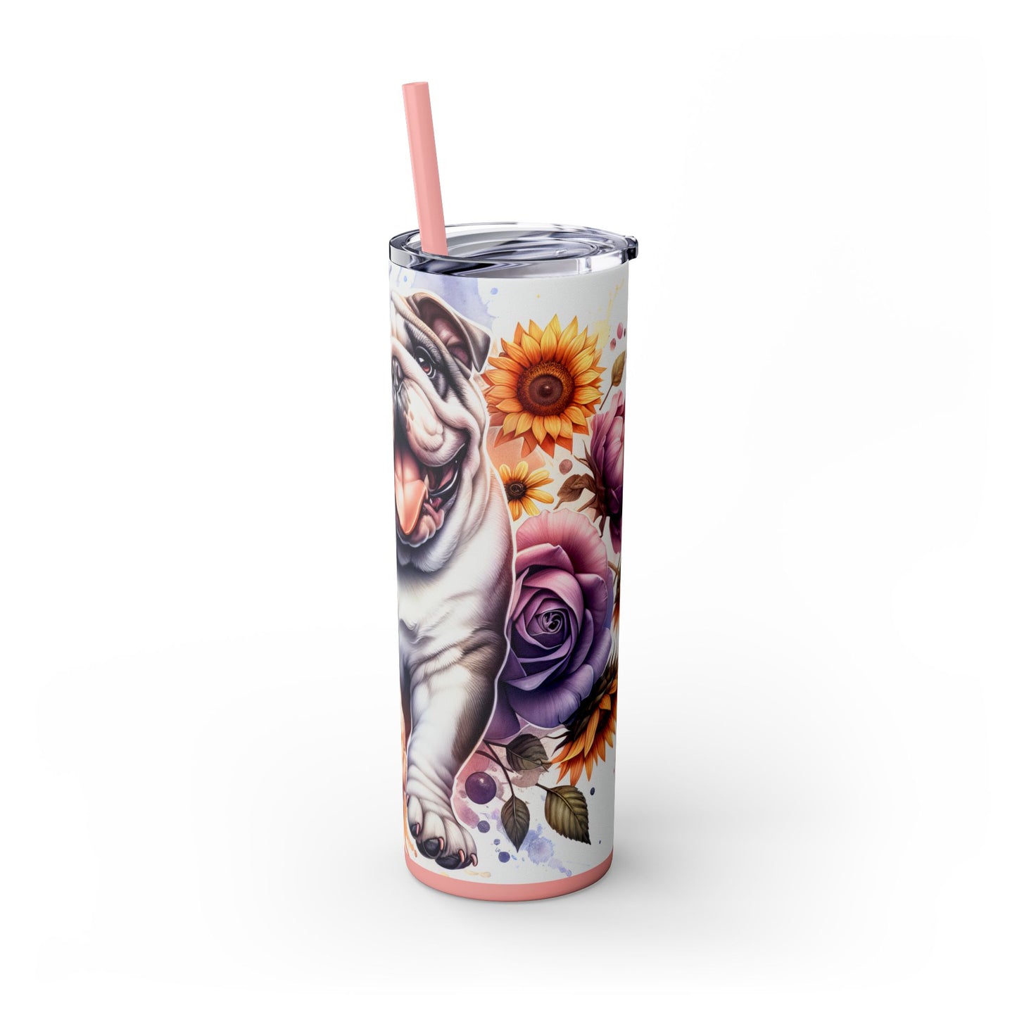 Floral English Bulldog Skinny Tumbler with Straw, 20oz