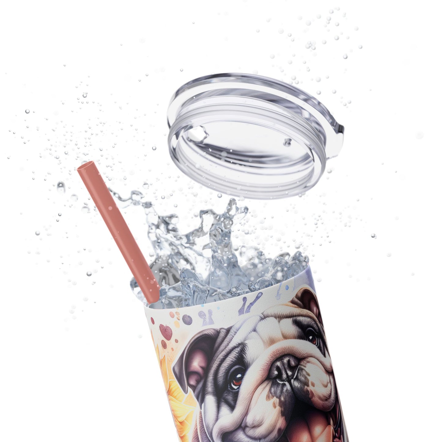 Floral English Bulldog Skinny Tumbler with Straw, 20oz