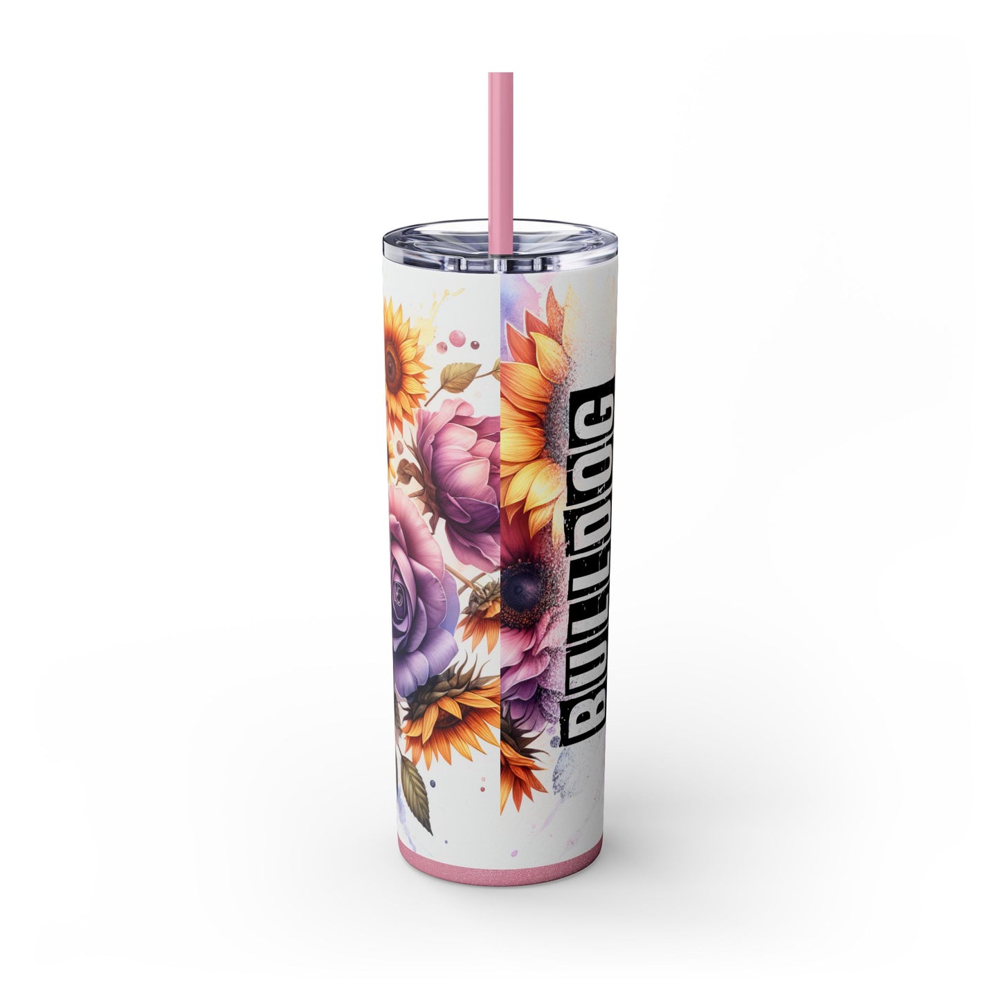 Floral English Bulldog Skinny Tumbler with Straw, 20oz