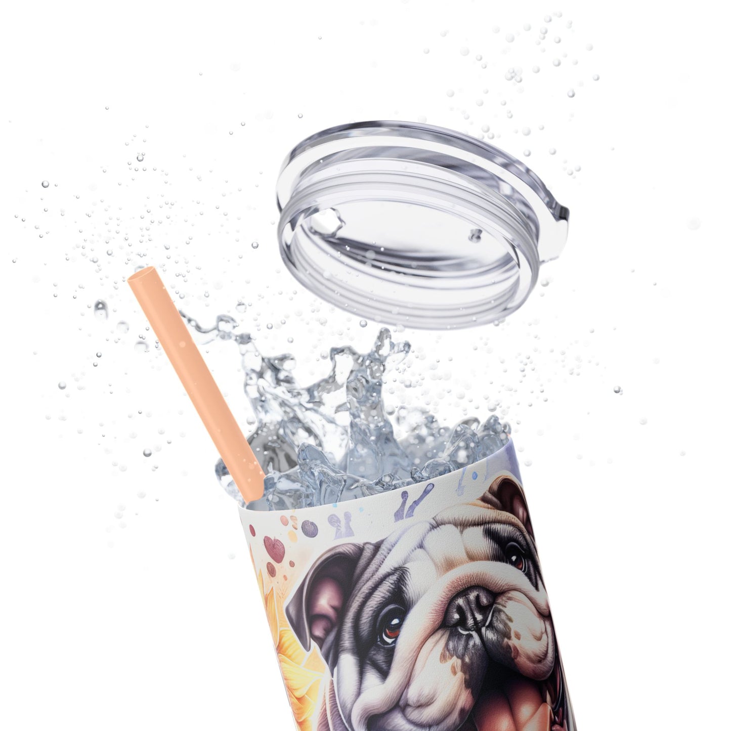 Floral English Bulldog Skinny Tumbler with Straw, 20oz