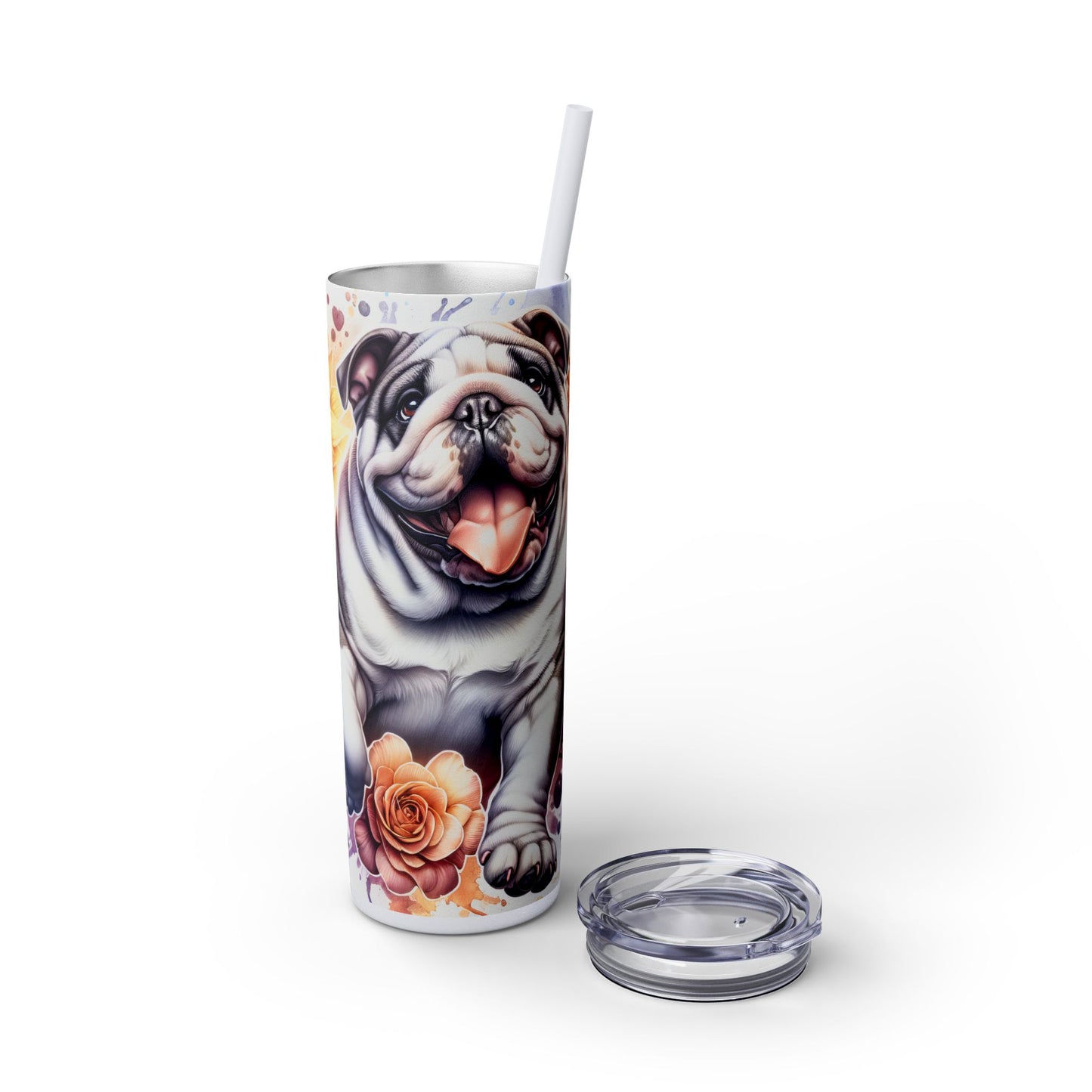 Floral English Bulldog Skinny Tumbler with Straw, 20oz