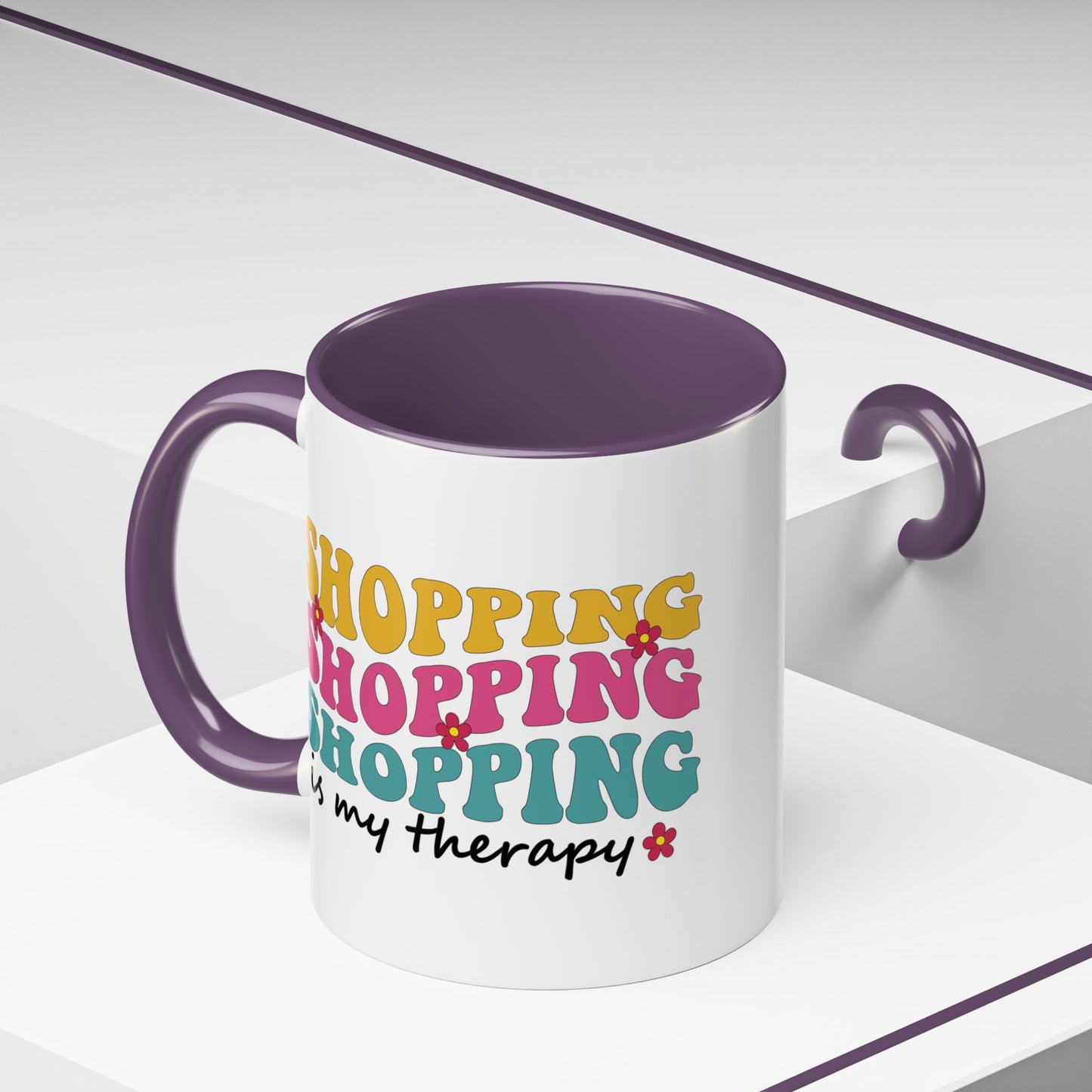 Accent Coffee Mug - "Shopping is my Therapy" - Fun Gift for Self-Care, Motivation, & Celebrations
