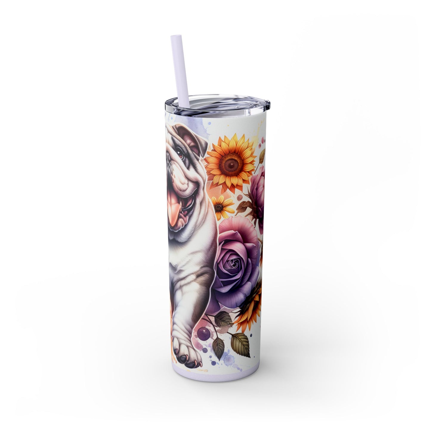 Floral English Bulldog Skinny Tumbler with Straw, 20oz
