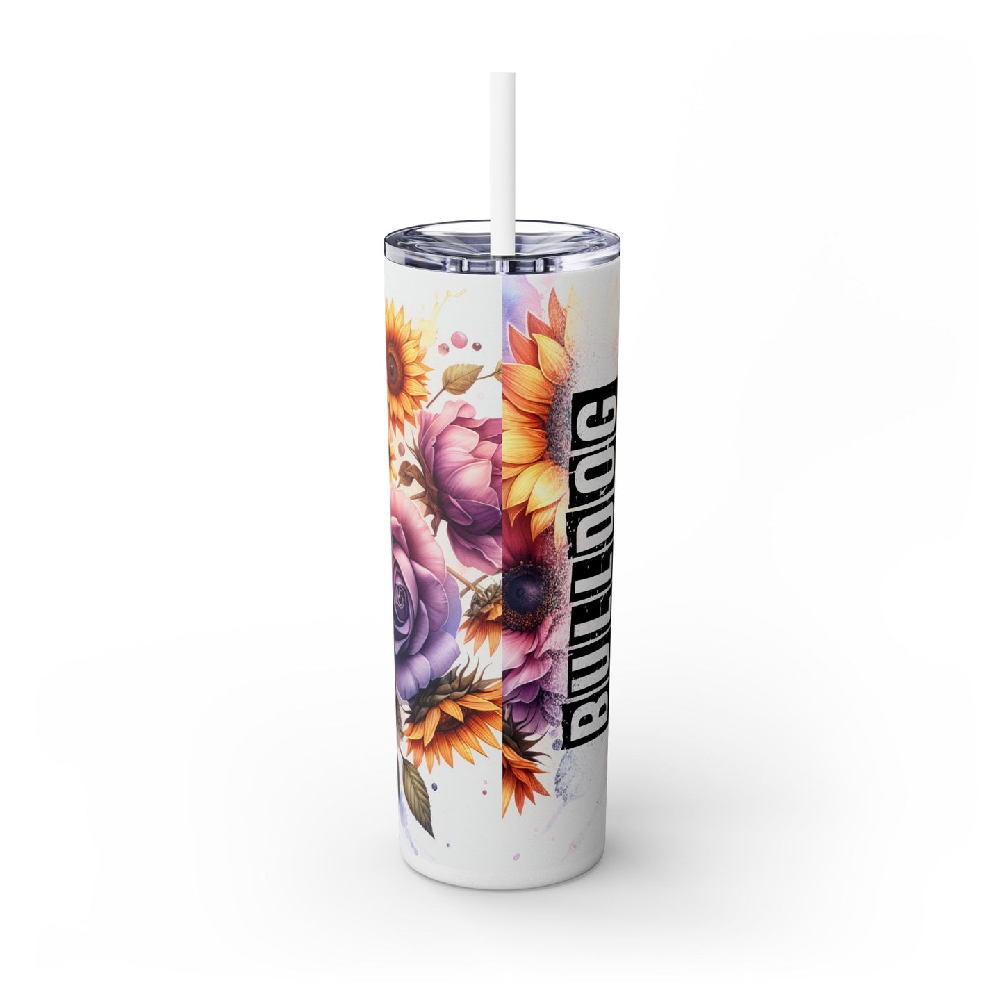 Floral English Bulldog Skinny Tumbler with Straw, 20oz