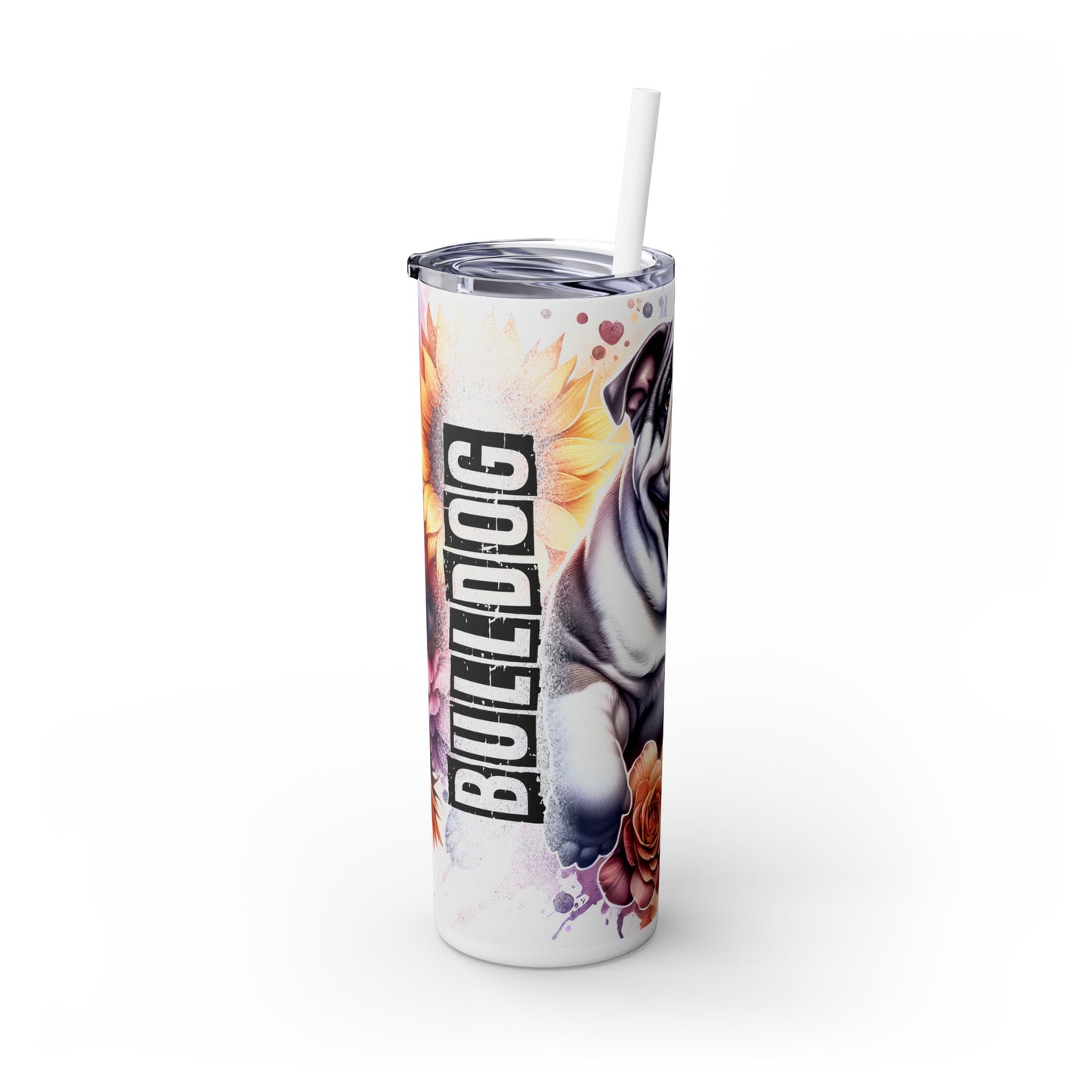 Floral English Bulldog Skinny Tumbler with Straw, 20oz
