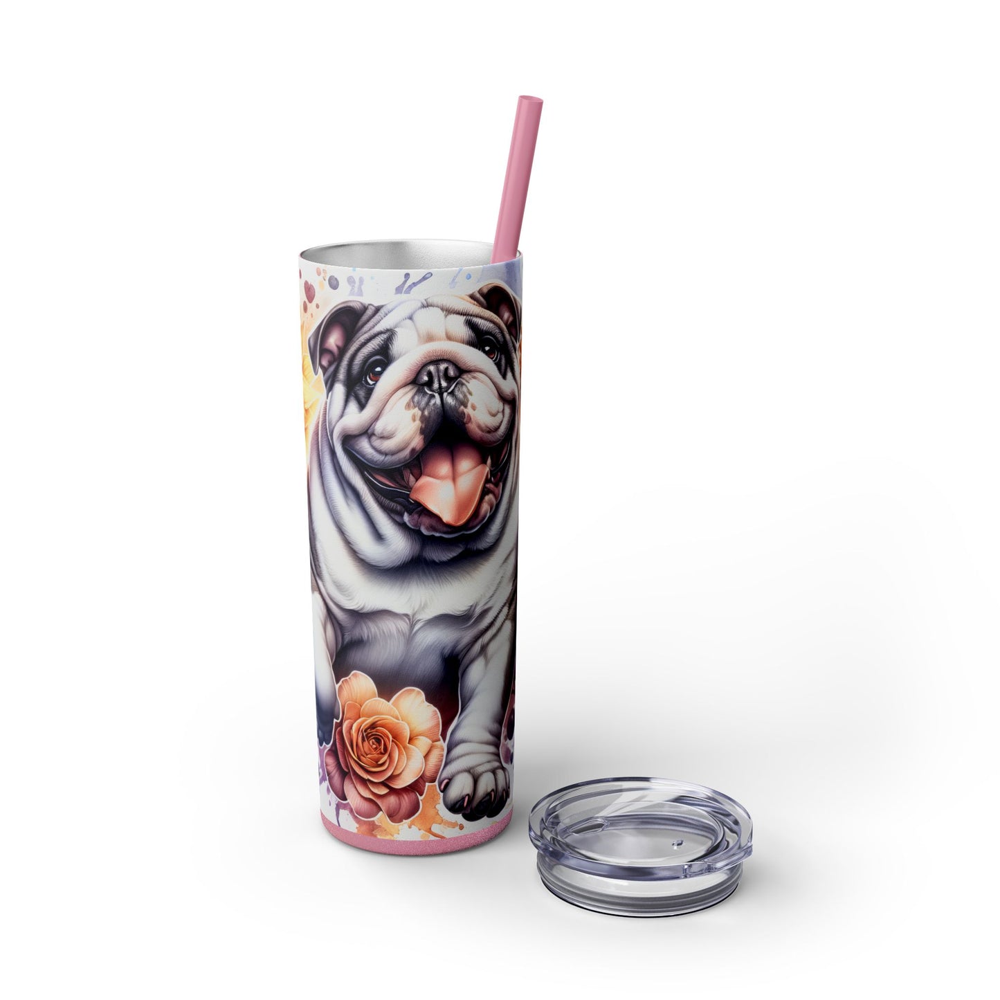 Floral English Bulldog Skinny Tumbler with Straw, 20oz