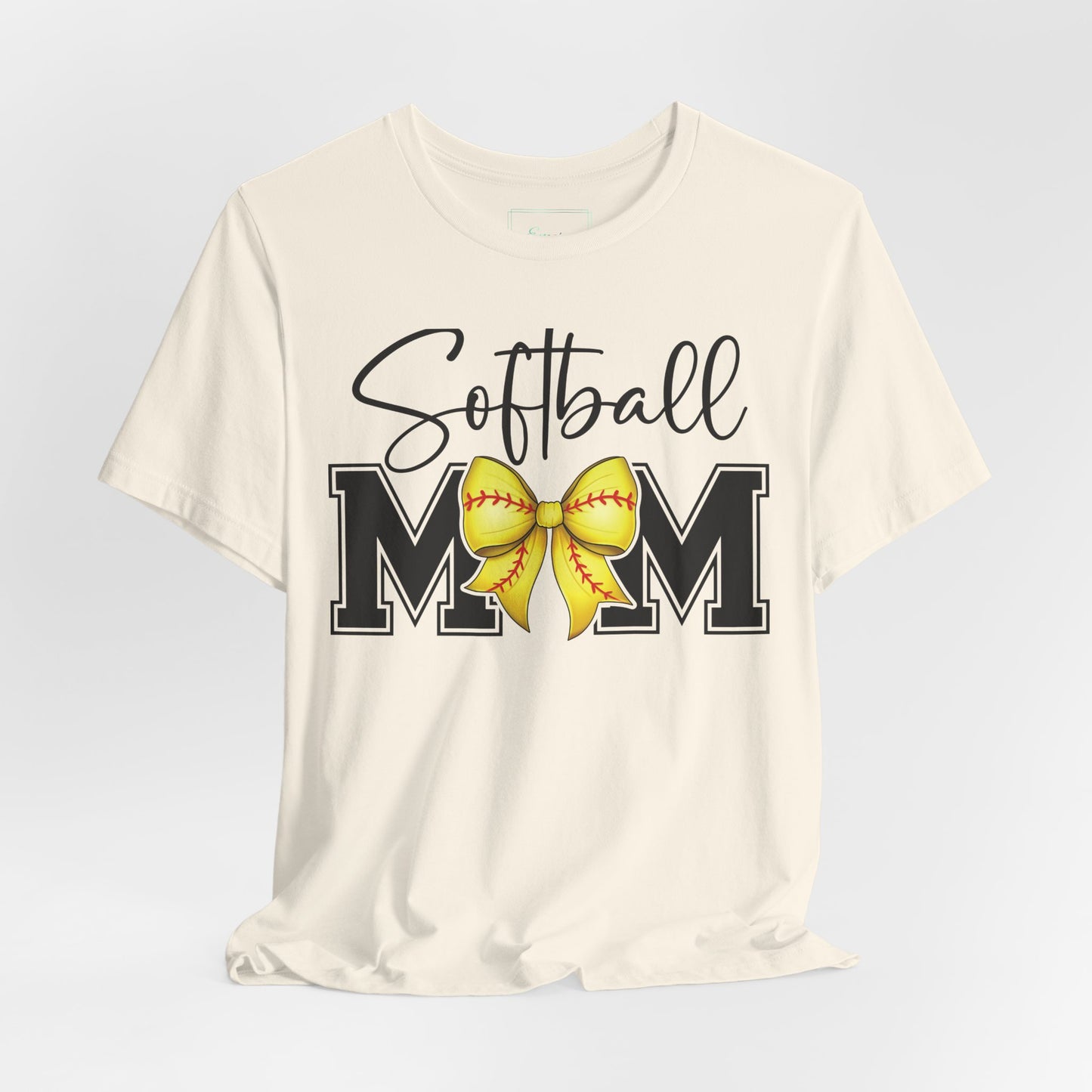 Cursive Softball Mom Coquette Bow T Shirt (Light)