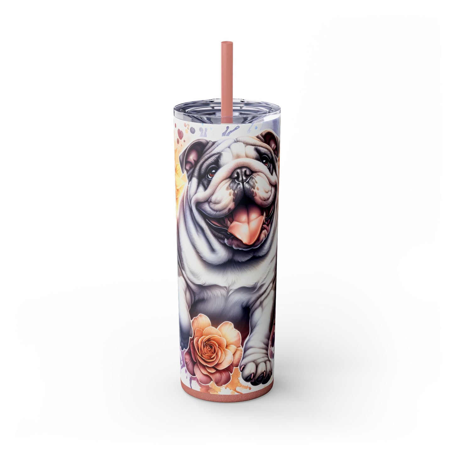 Floral English Bulldog Skinny Tumbler with Straw, 20oz