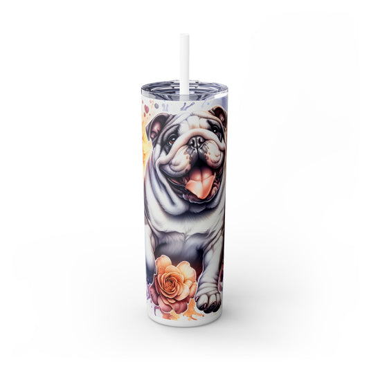 Floral English Bulldog Skinny Tumbler with Straw, 20oz