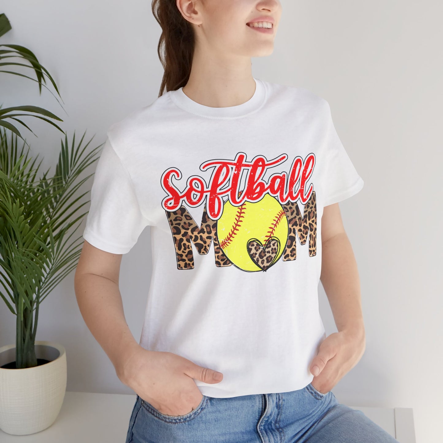 Red and Leopard Softball Mom T Shirt (Light)