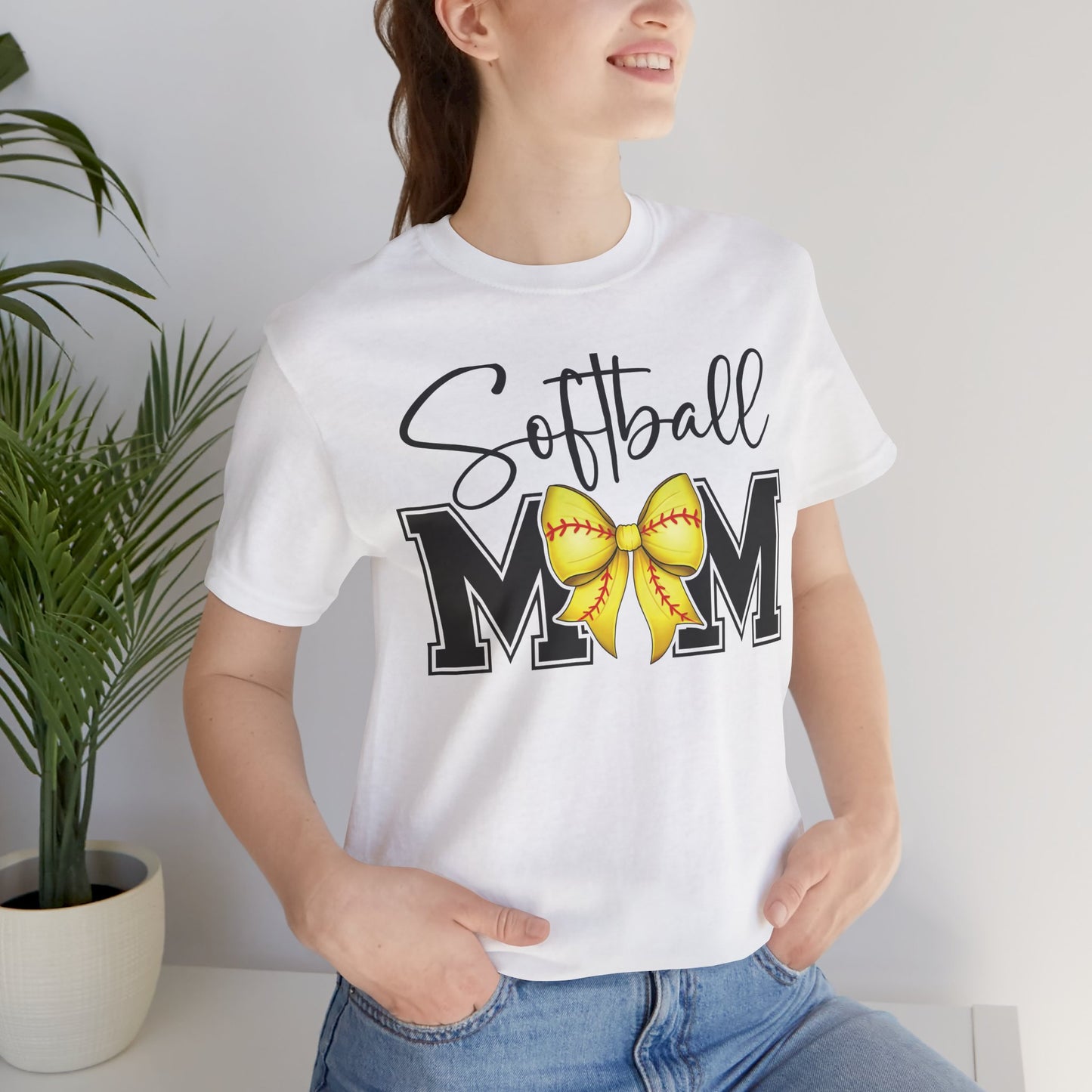 Cursive Softball Mom Coquette Bow T Shirt (Light)