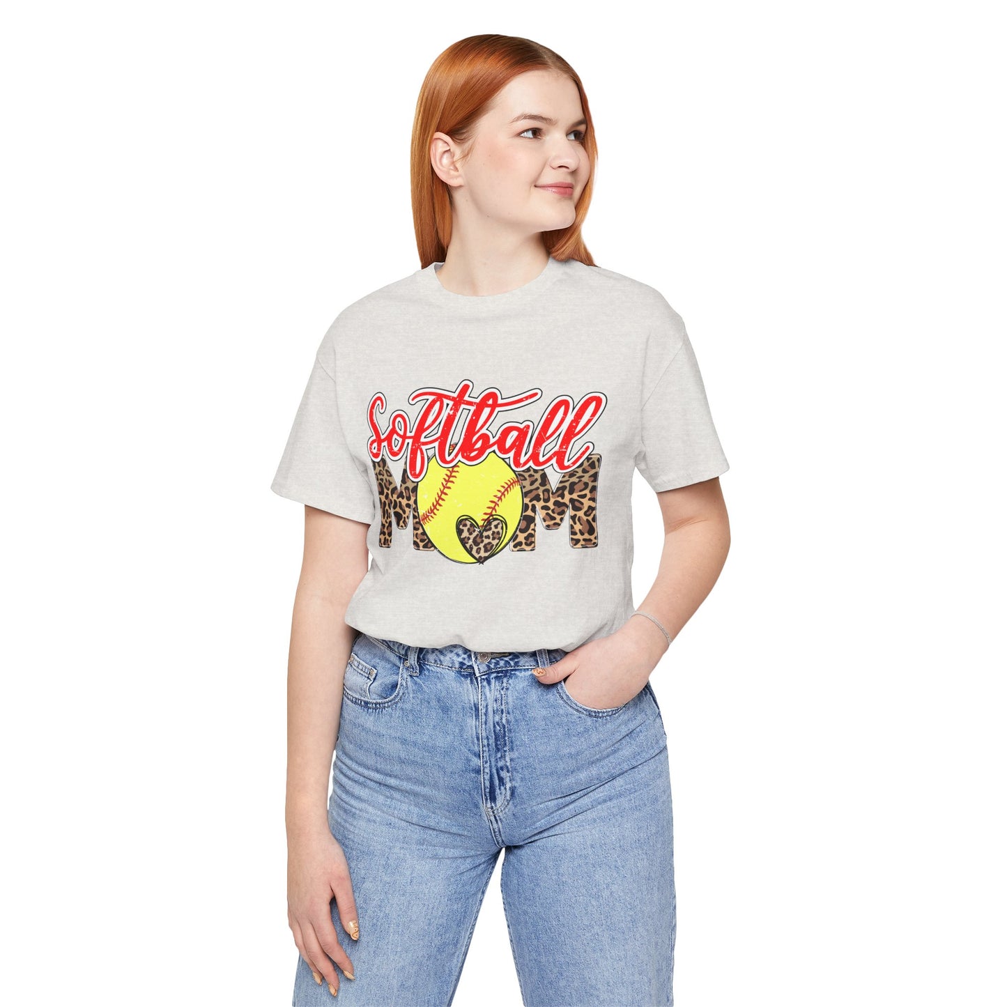 Red and Leopard Softball Mom T Shirt (Light)