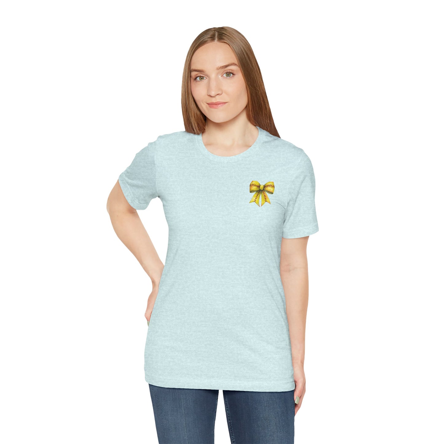 Coquette Bow Front Softball Mom  Rear T Shirt (Light)