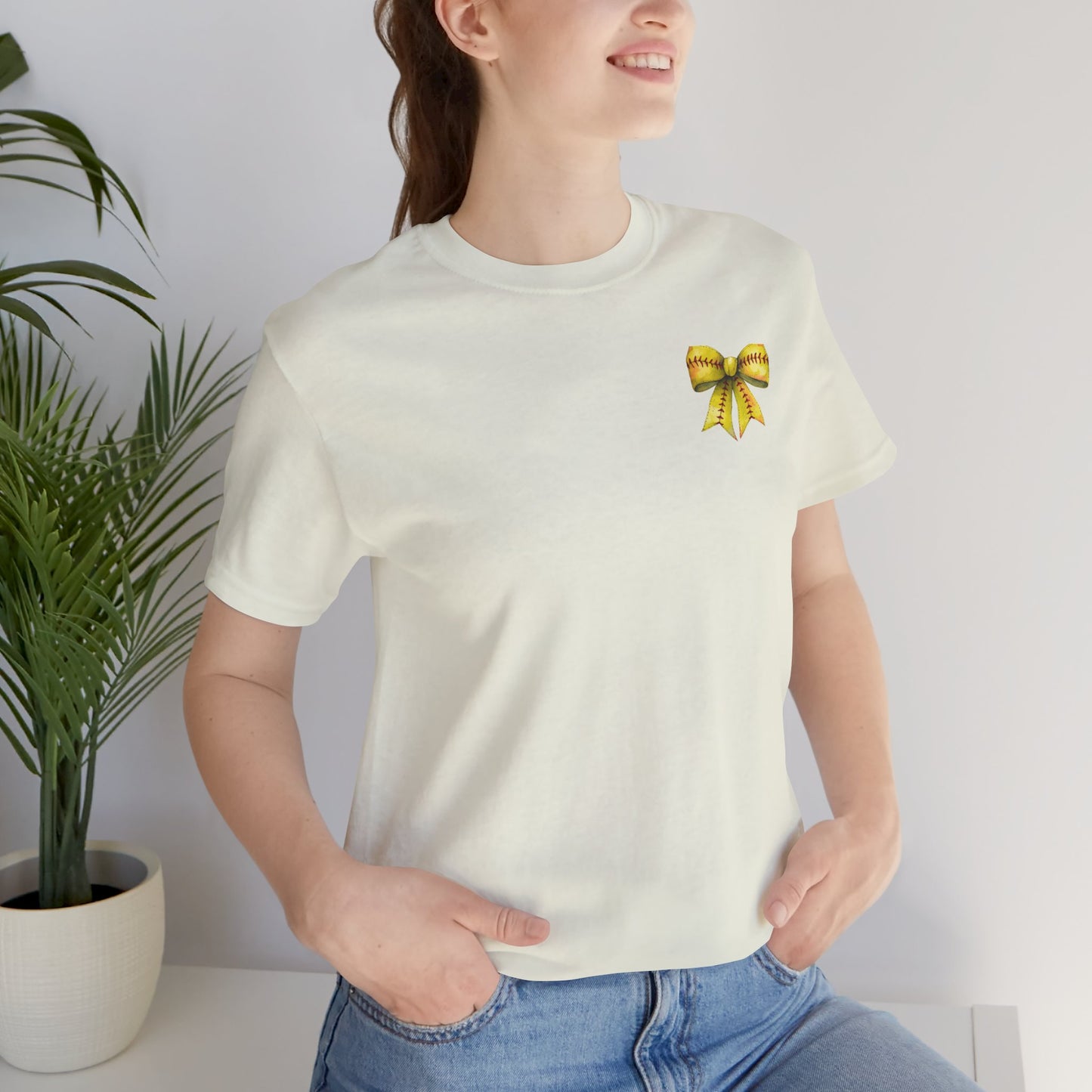 Coquette Bow Front Softball Mom  Rear T Shirt (Light)