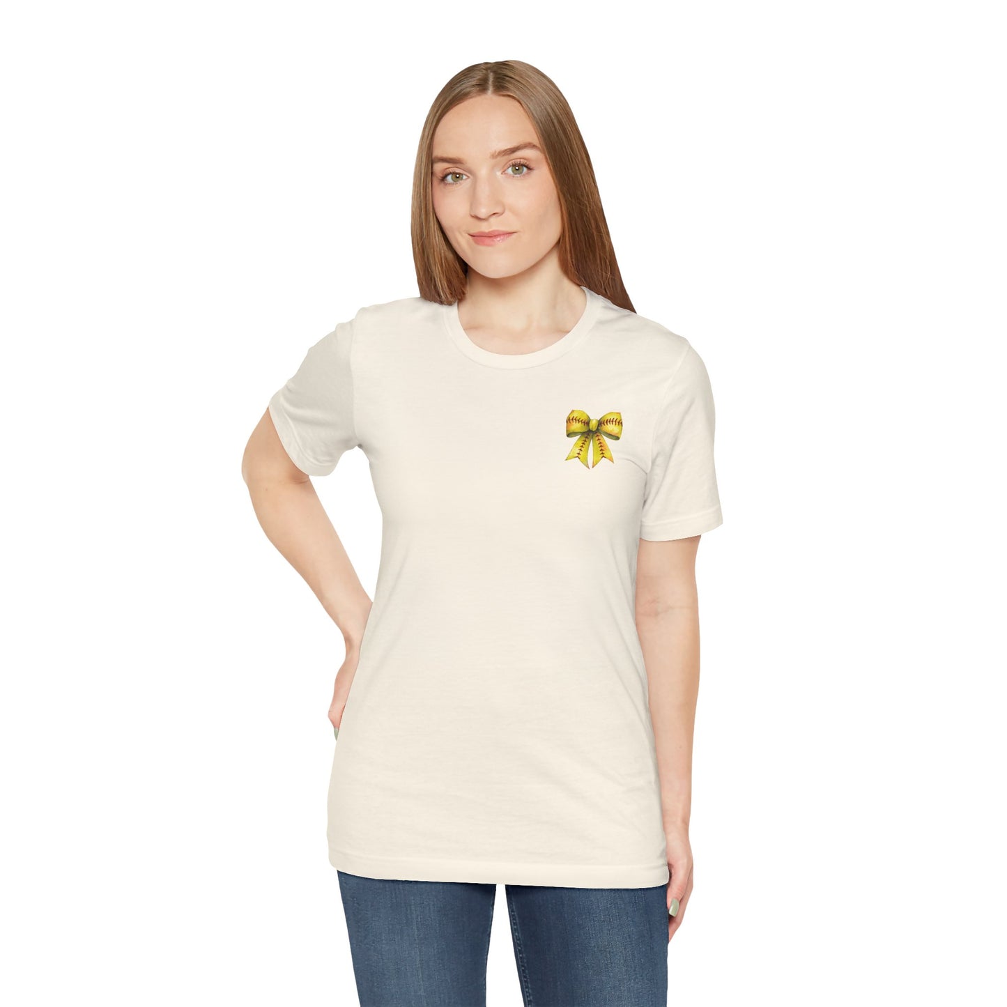 Coquette Bow Front Softball Mom  Rear T Shirt (Light)