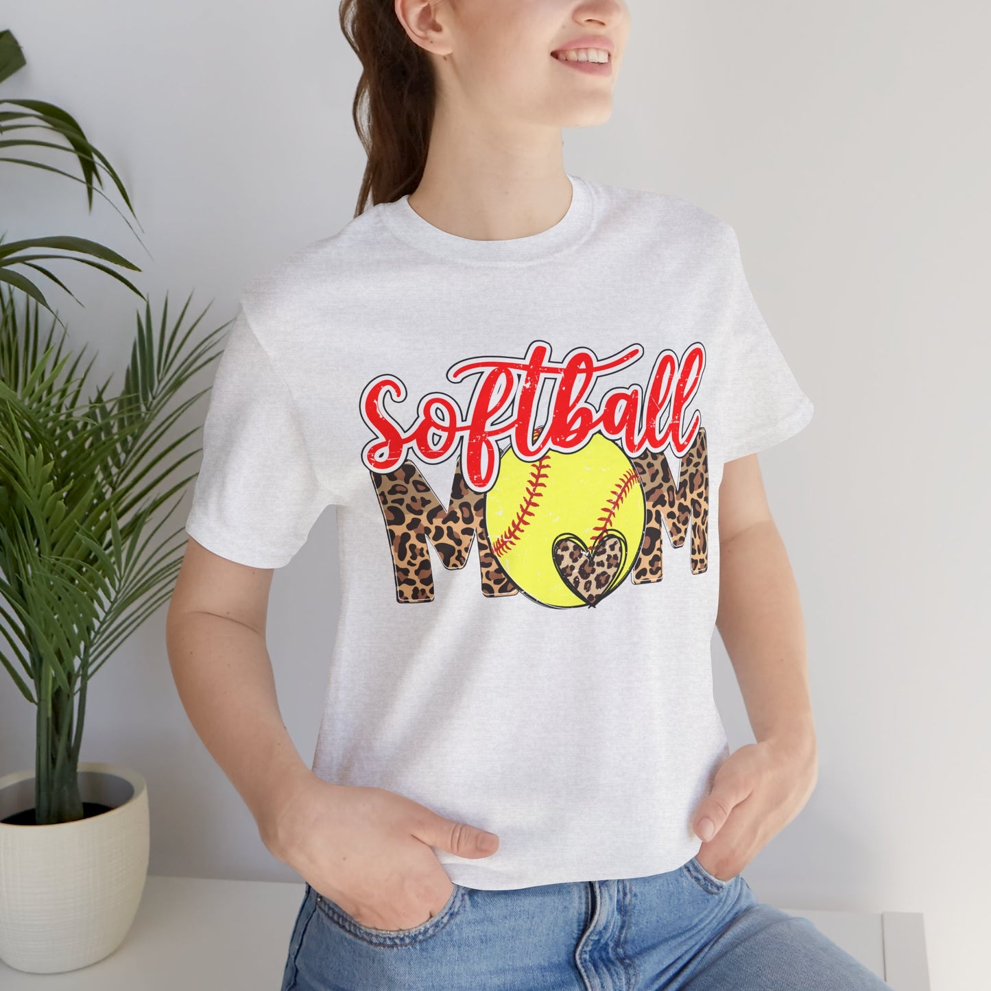 Red and Leopard Softball Mom T Shirt (Light)