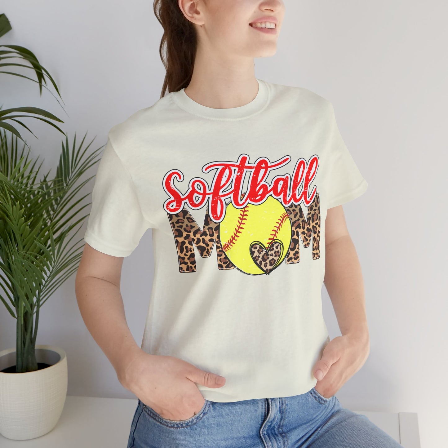 Red and Leopard Softball Mom T Shirt (Light)