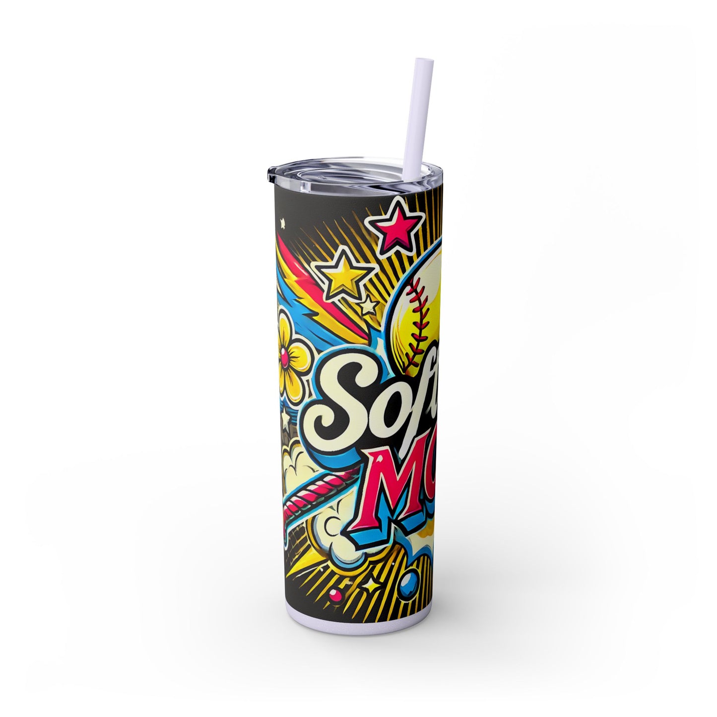 Cartoon Inspired Softball Mom Skinny Tumbler with Straw, 20oz