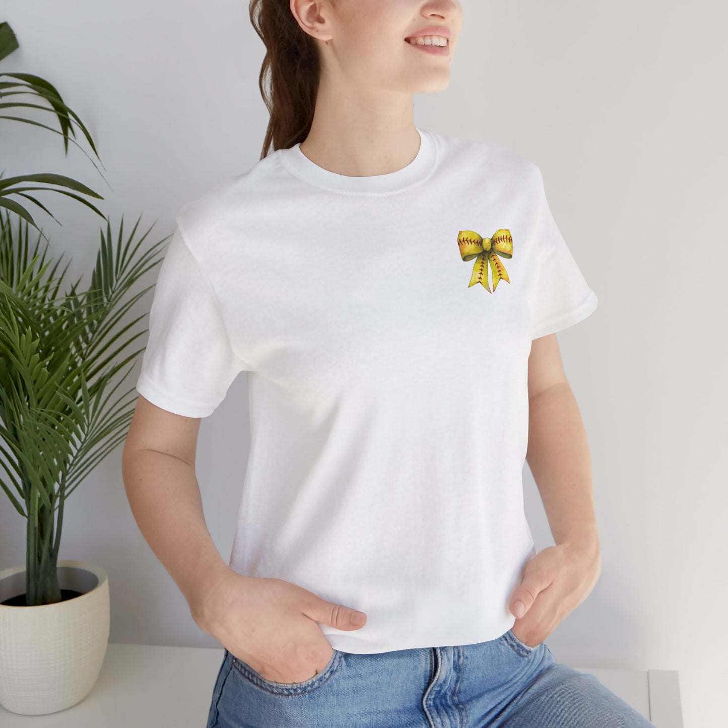 Coquette Bow Front Softball Mom  Rear T Shirt (Light)