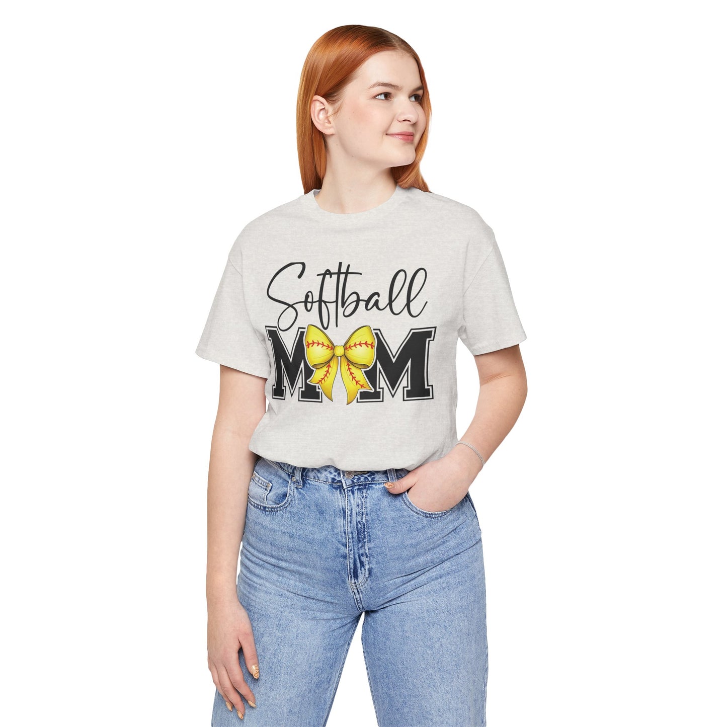 Cursive Softball Mom Coquette Bow T Shirt (Light)