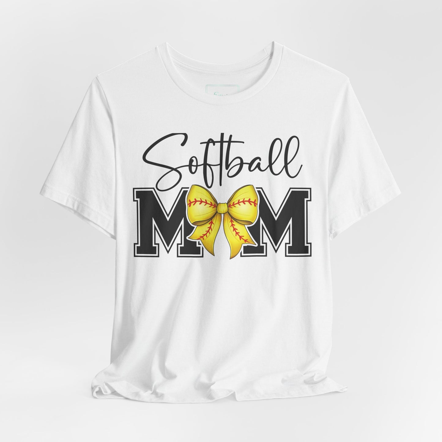 Cursive Softball Mom Coquette Bow T Shirt (Light)