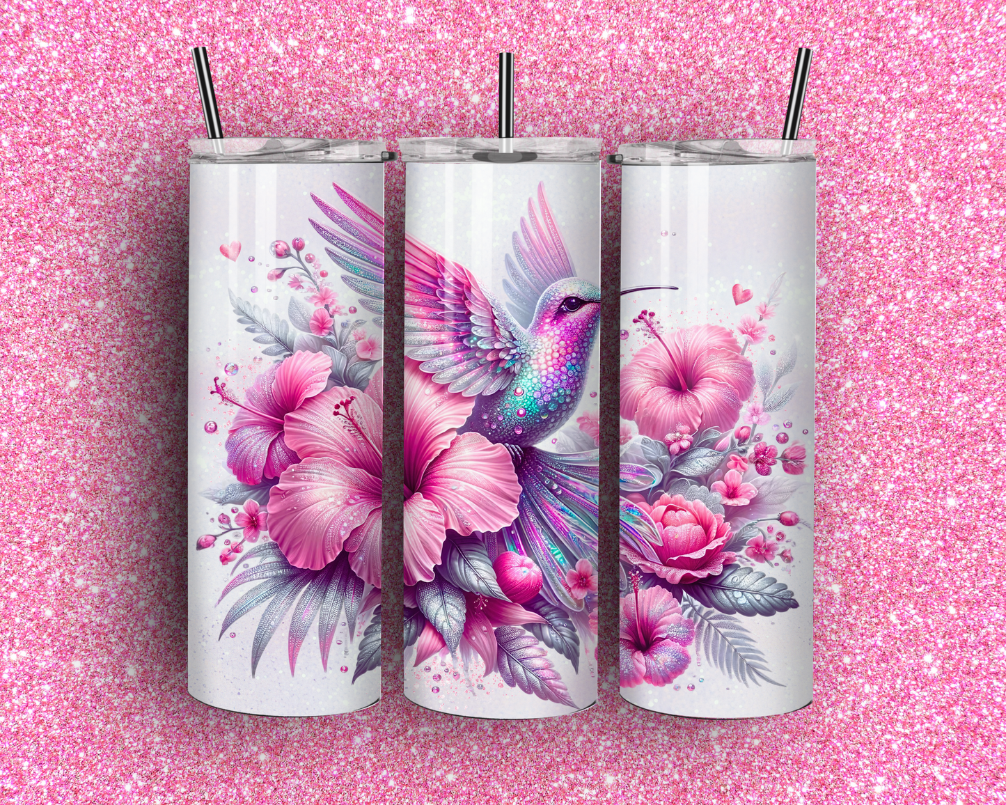 Pink Hummingbird Skinny Tumbler with Straw, 20oz
