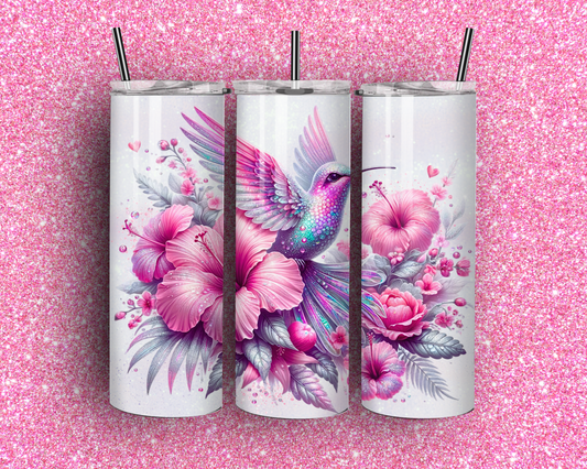 Pink Hummingbird Skinny Tumbler with Straw, 20oz