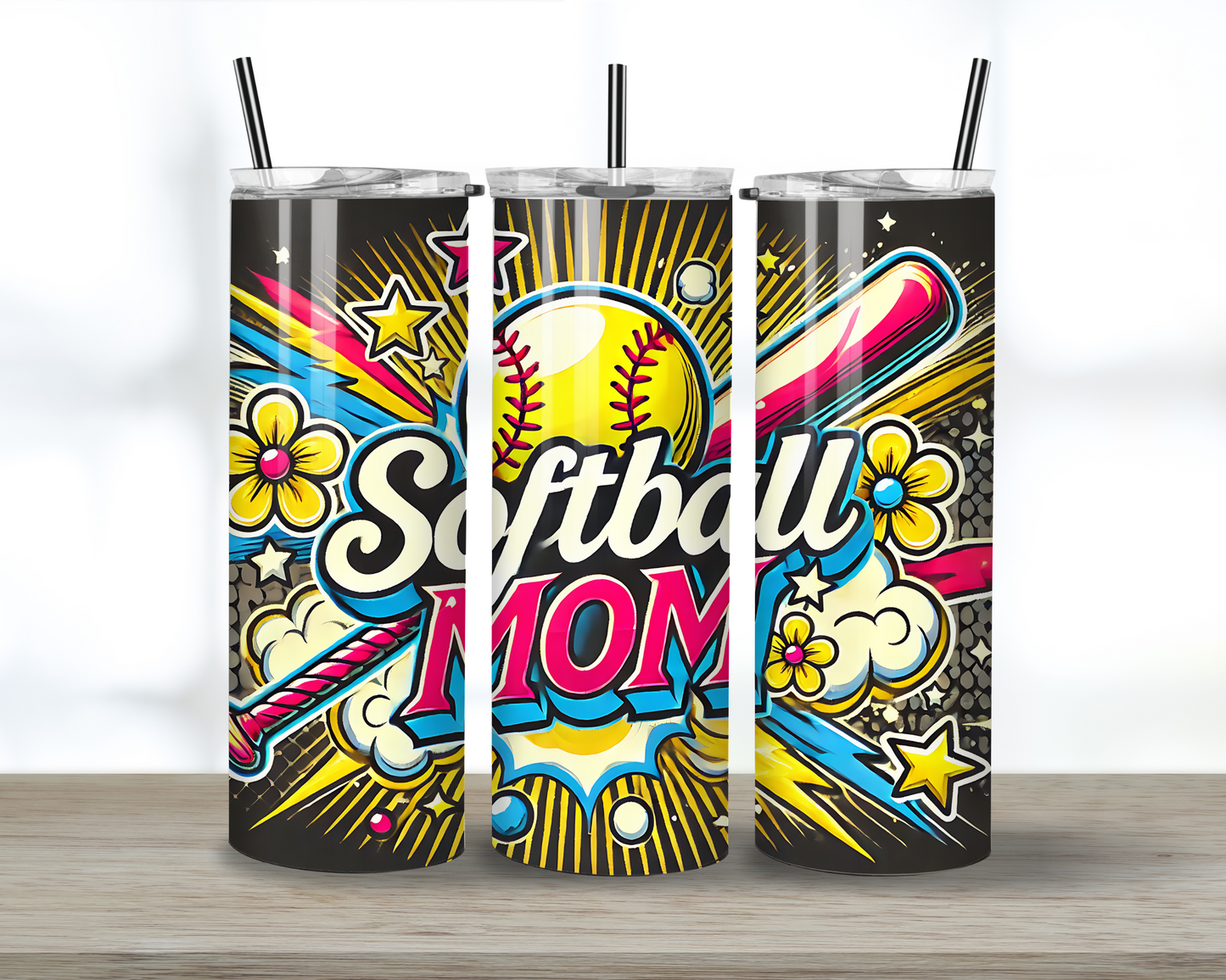 Cartoon Inspired Softball Mom Skinny Tumbler with Straw, 20oz