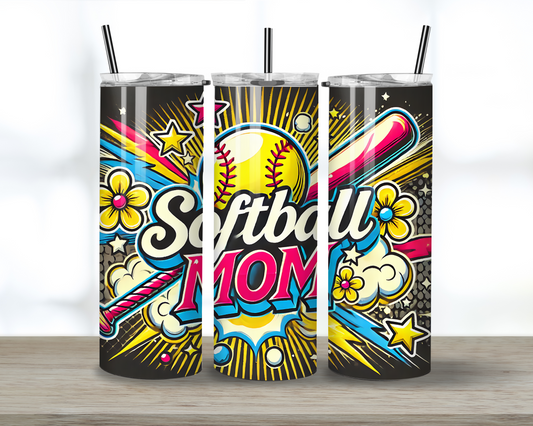 Cartoon Inspired Softball Mom Skinny Tumbler with Straw, 20oz