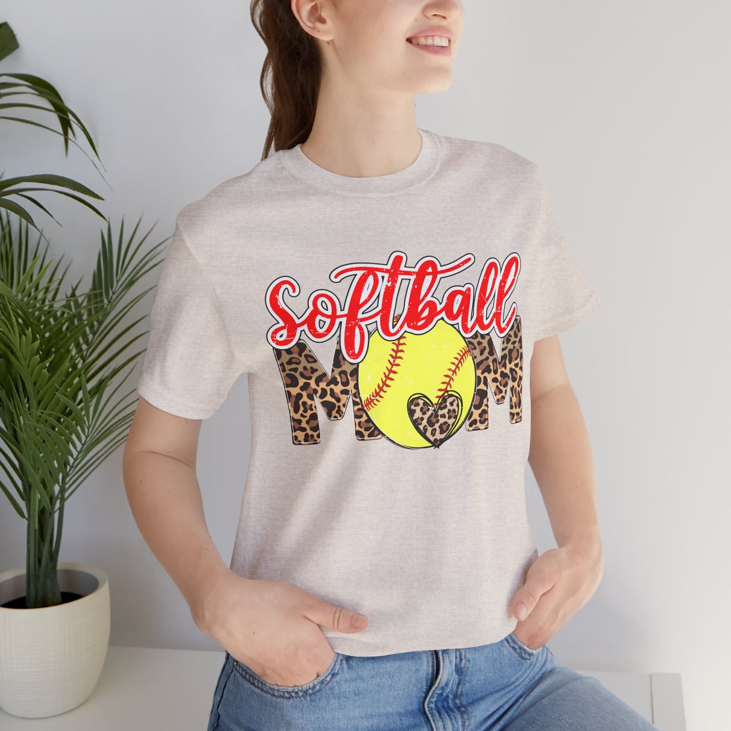 Red and Leopard Softball Mom T Shirt (Light)