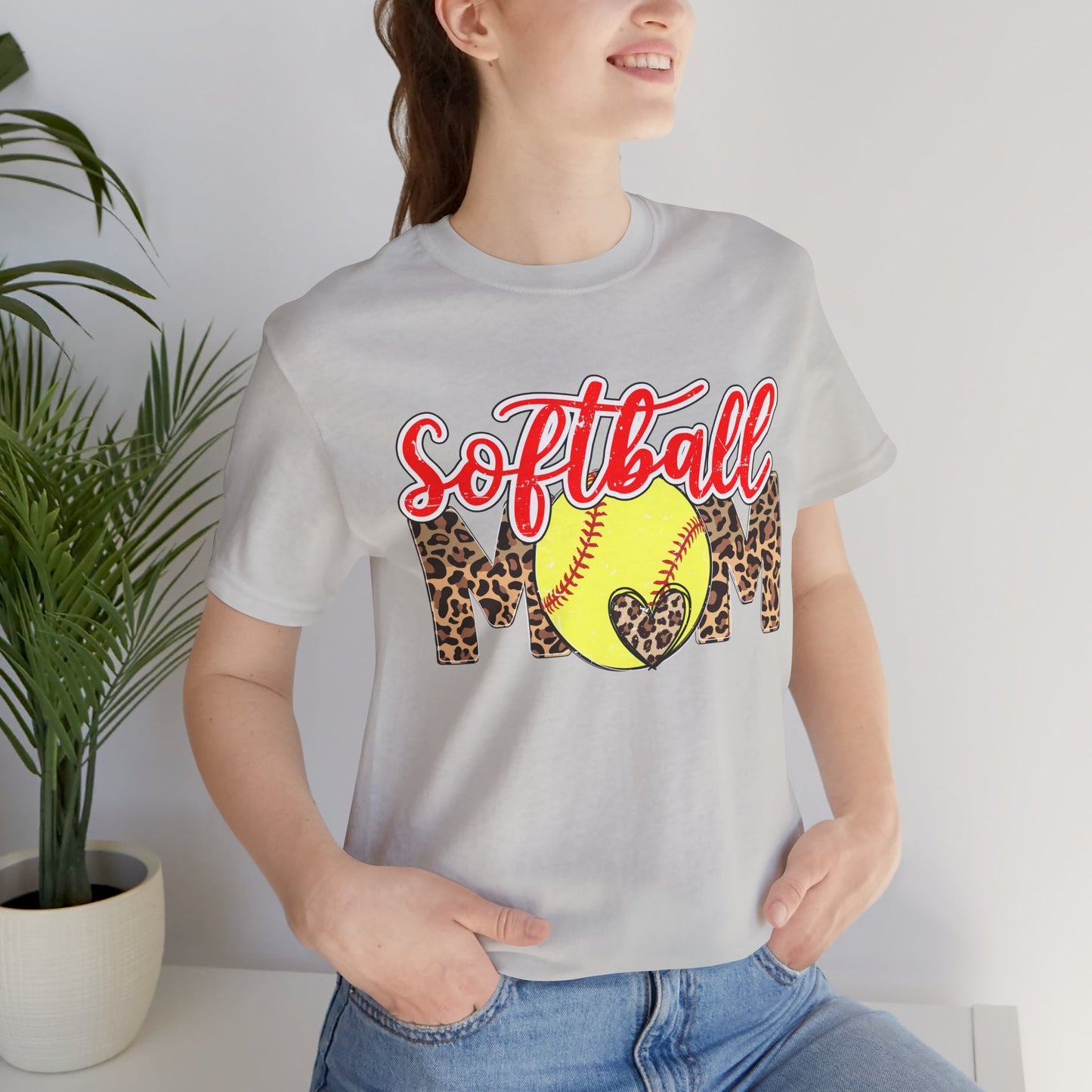 Red and Leopard Softball Mom T Shirt (Light)